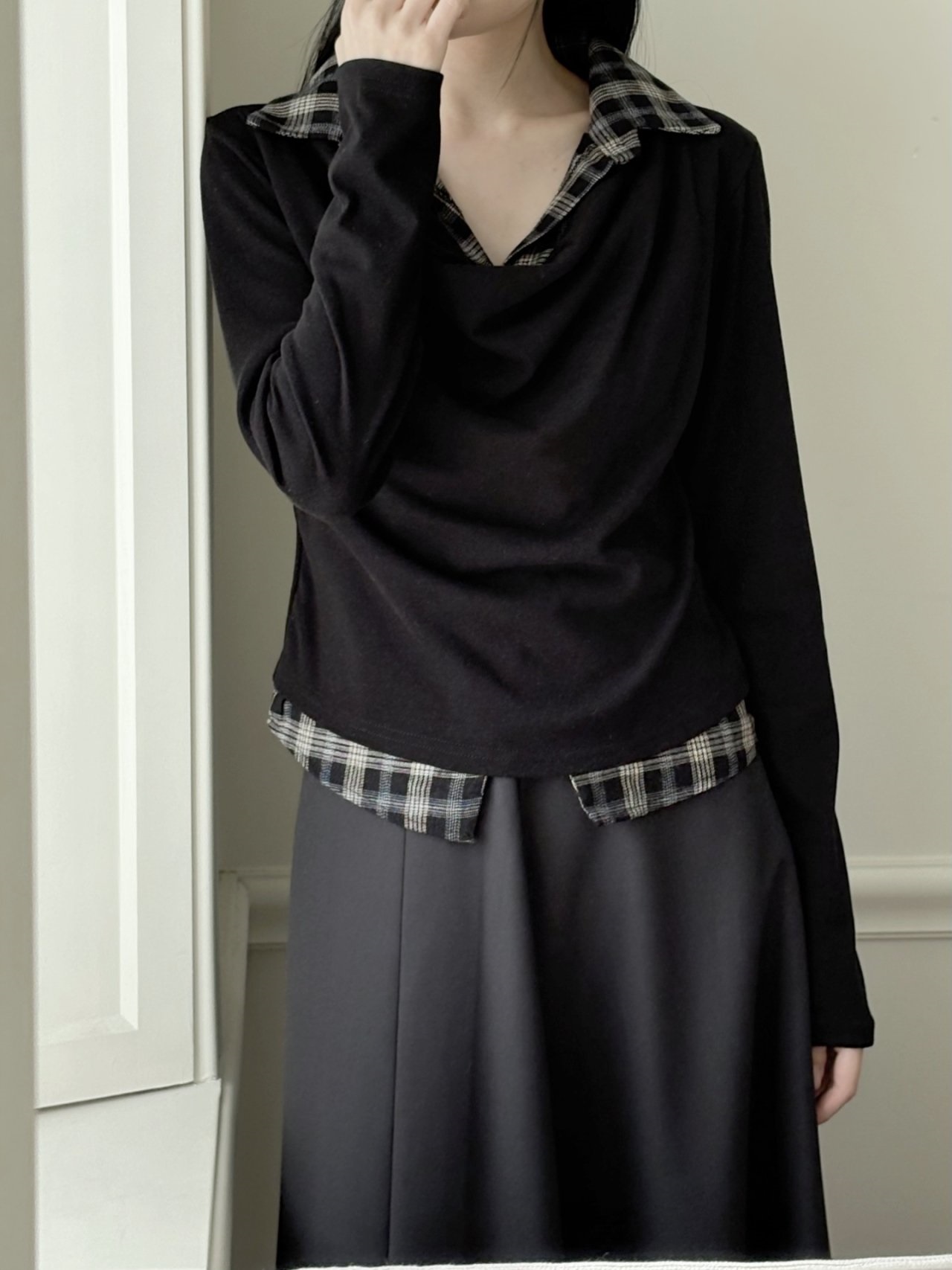 ドレープカラーレイヤード風長袖配色チェックTシャツ | 詳細画像8