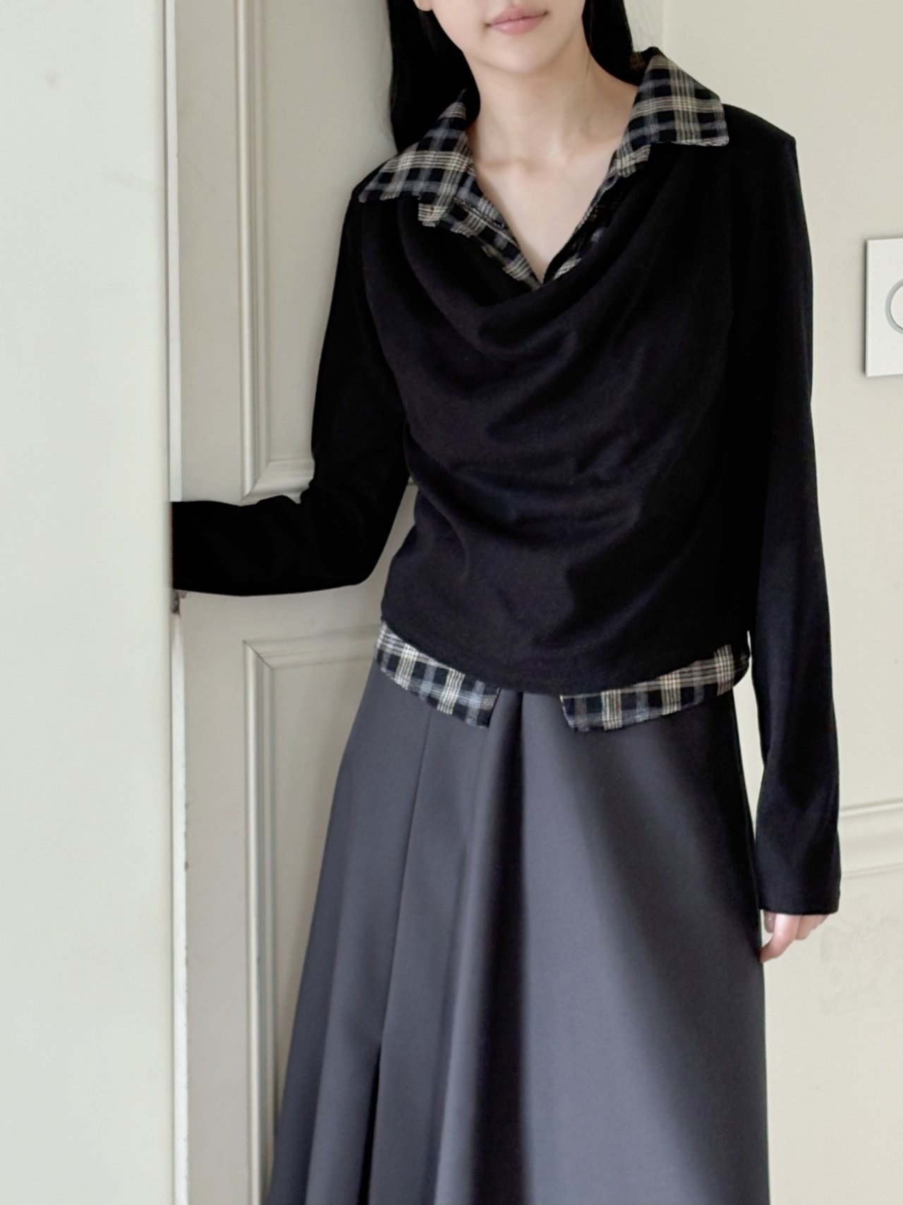 ドレープカラーレイヤード風長袖配色チェックTシャツ | 詳細画像9