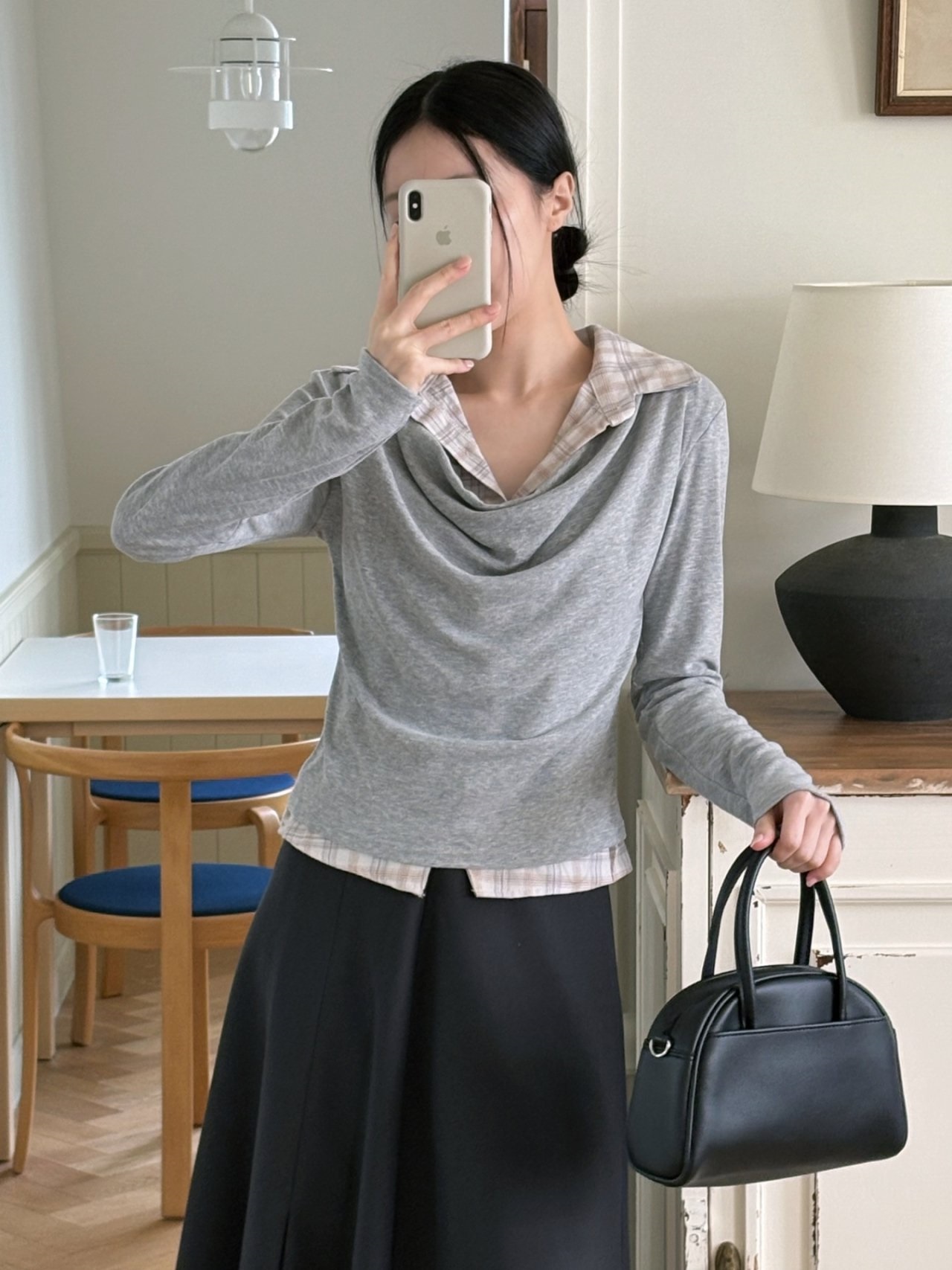 ドレープカラーレイヤード風長袖配色チェックTシャツ | 詳細画像10