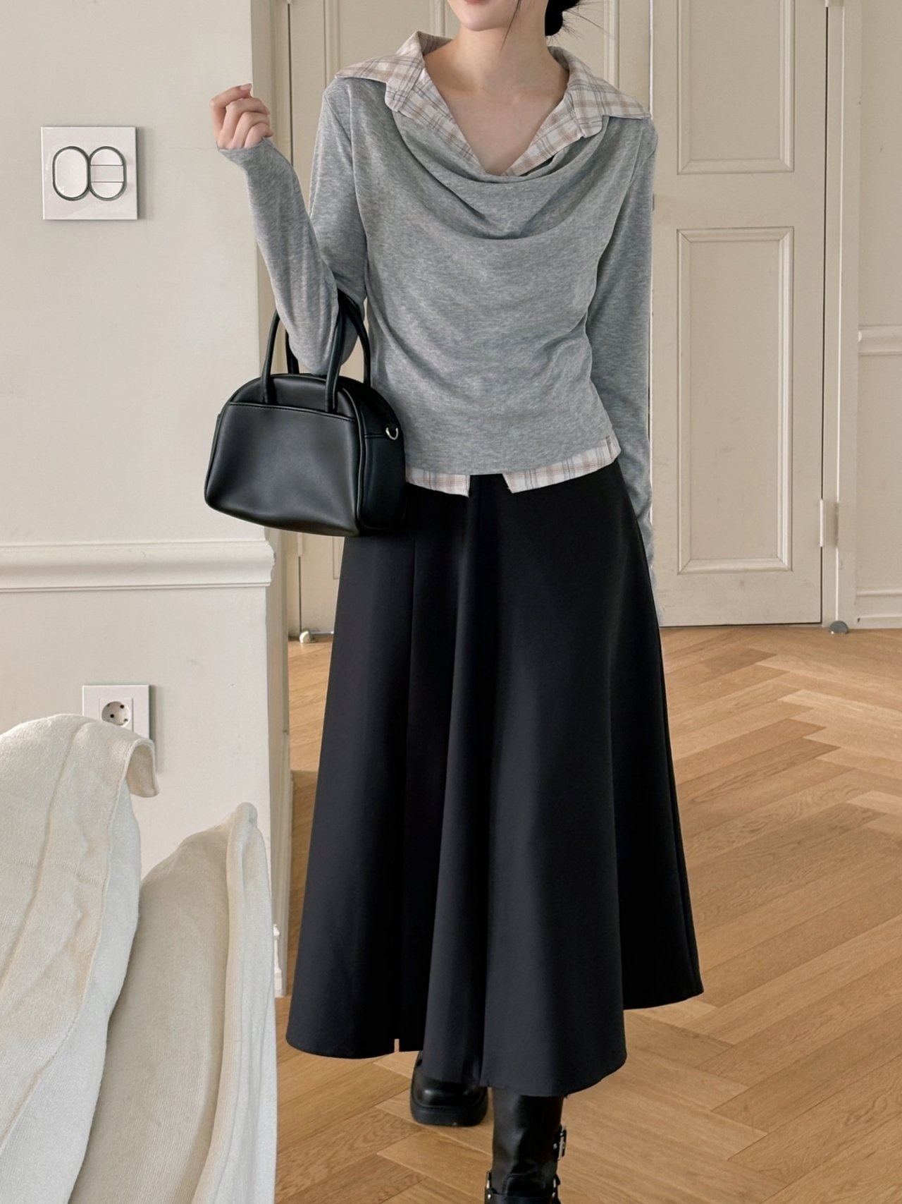 ドレープカラーレイヤード風長袖配色チェックTシャツ | 詳細画像11