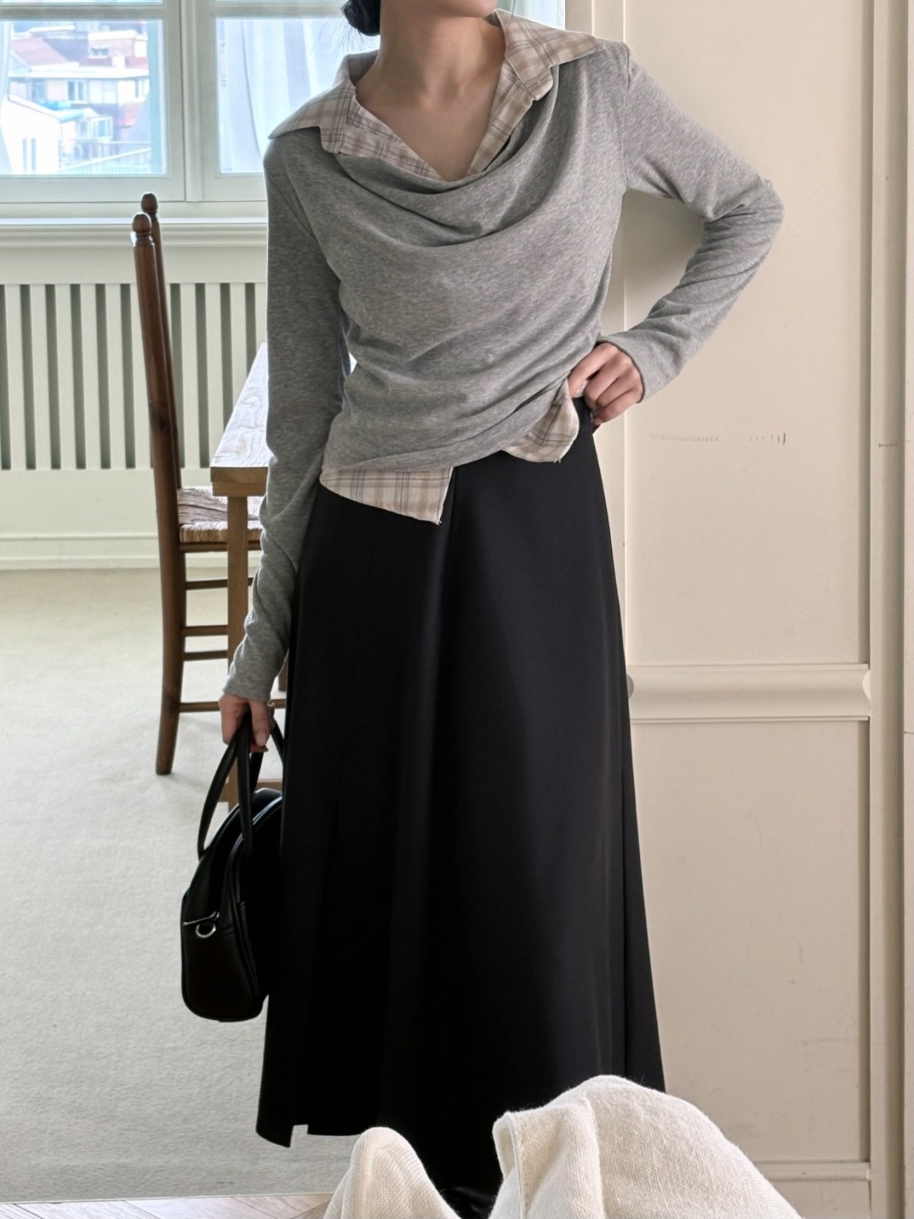 ドレープカラーレイヤード風長袖配色チェックTシャツ | 詳細画像12