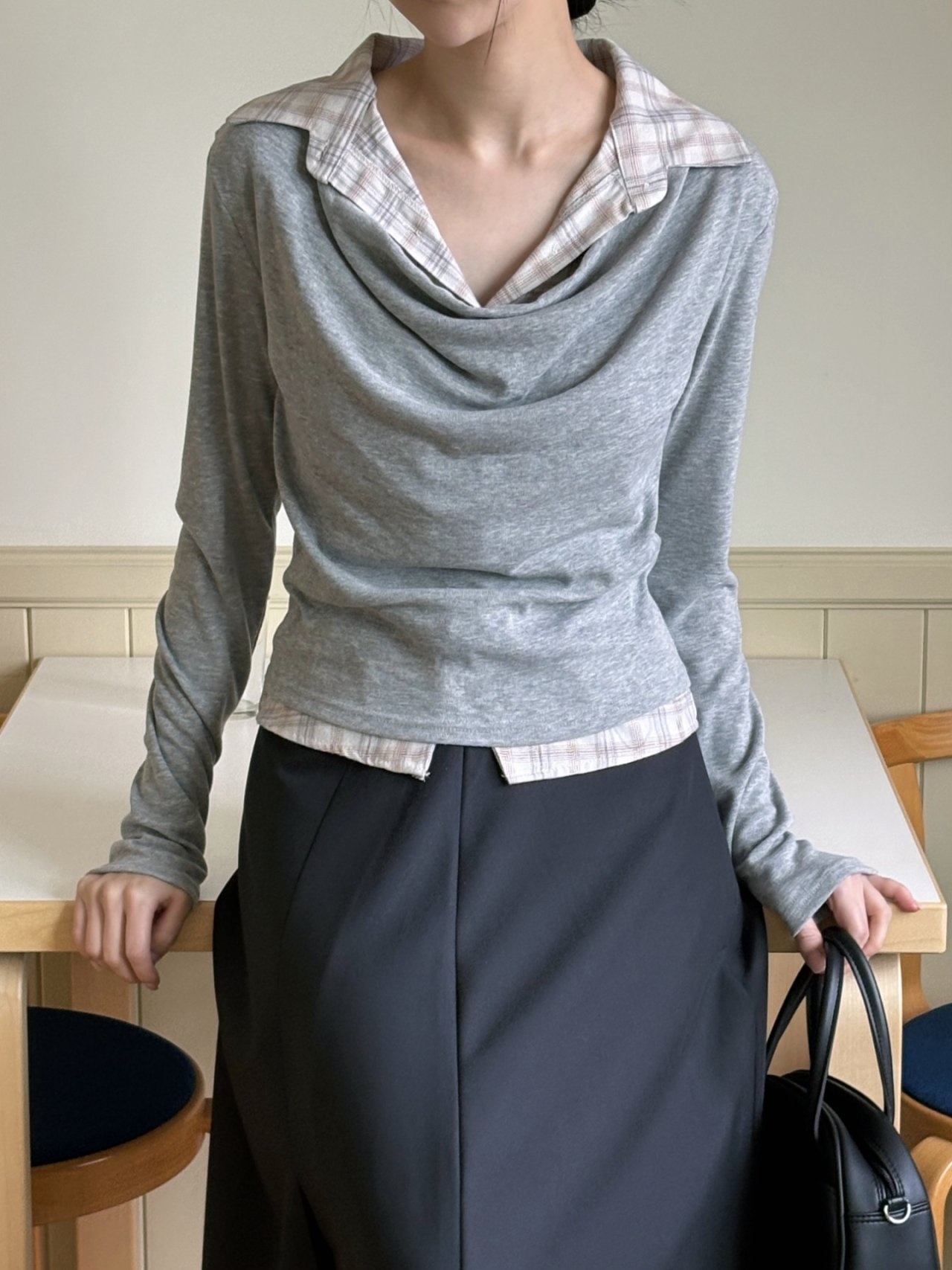 ドレープカラーレイヤード風長袖配色チェックTシャツ | 詳細画像13