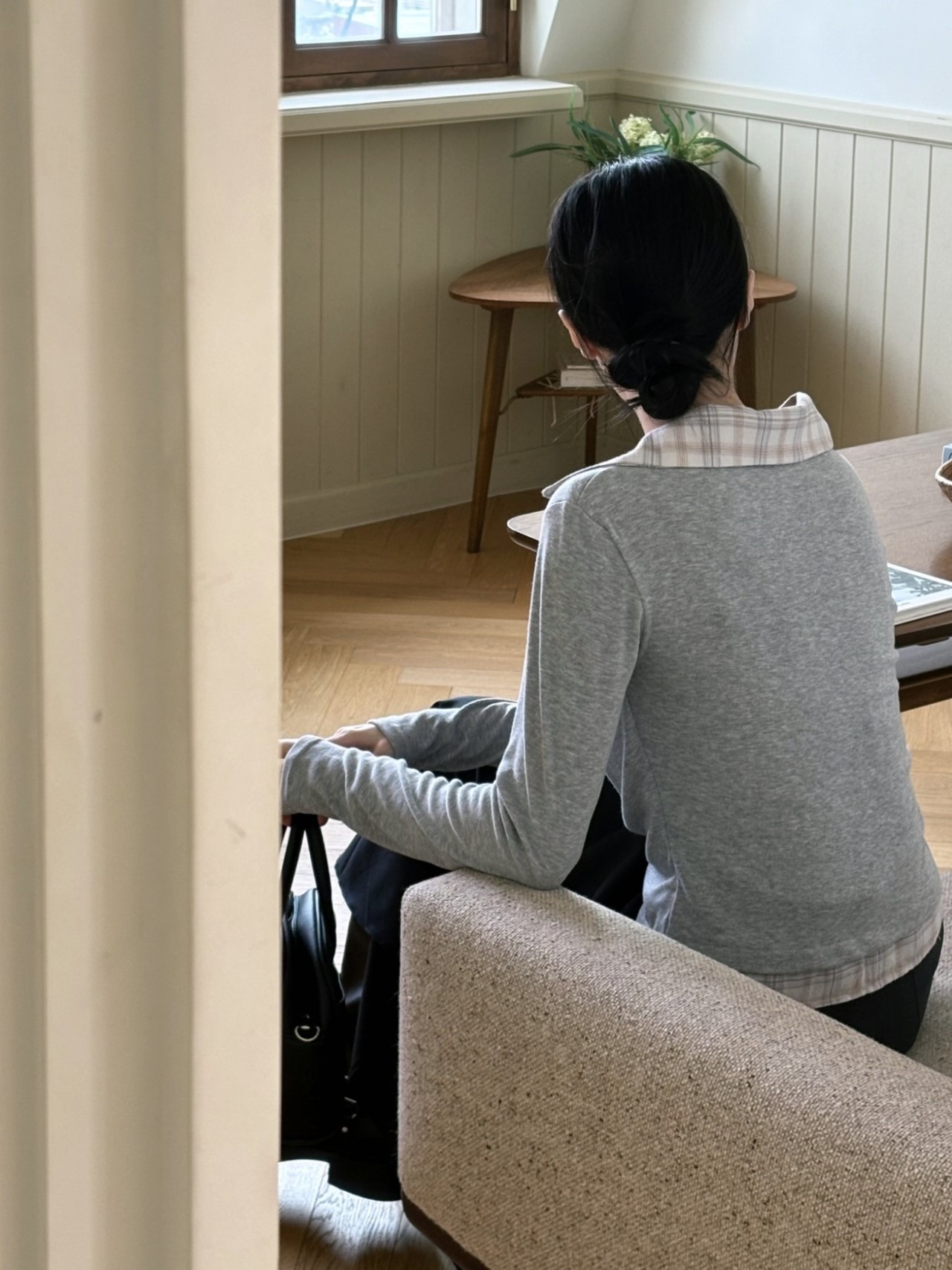 ドレープカラーレイヤード風長袖配色チェックTシャツ | 詳細画像14