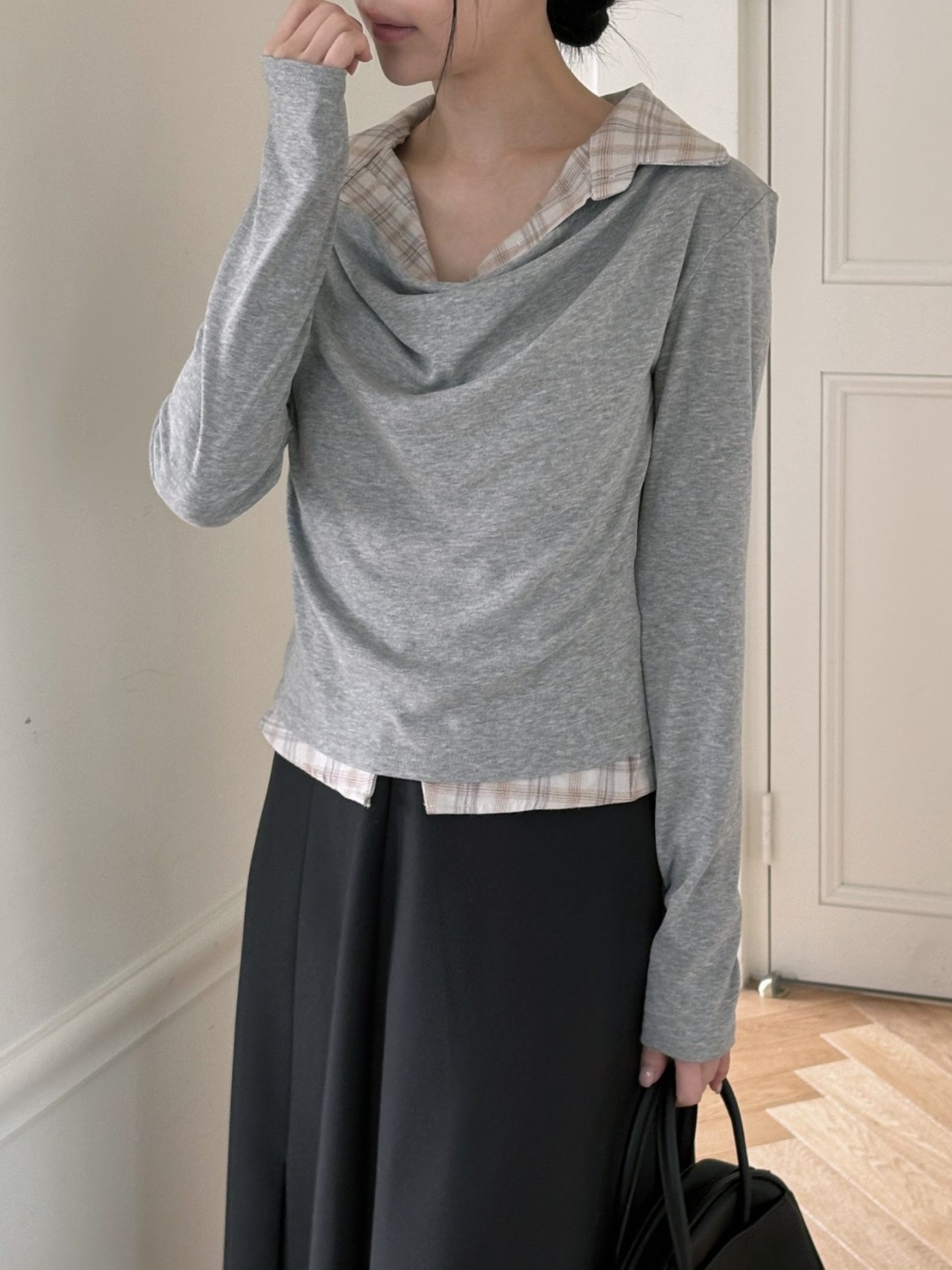 ドレープカラーレイヤード風長袖配色チェックTシャツ | 詳細画像15