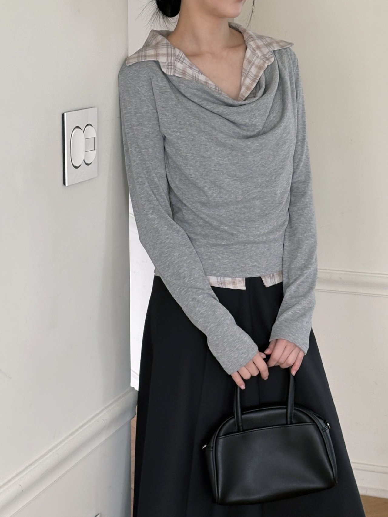 ドレープカラーレイヤード風長袖配色チェックTシャツ | 詳細画像16