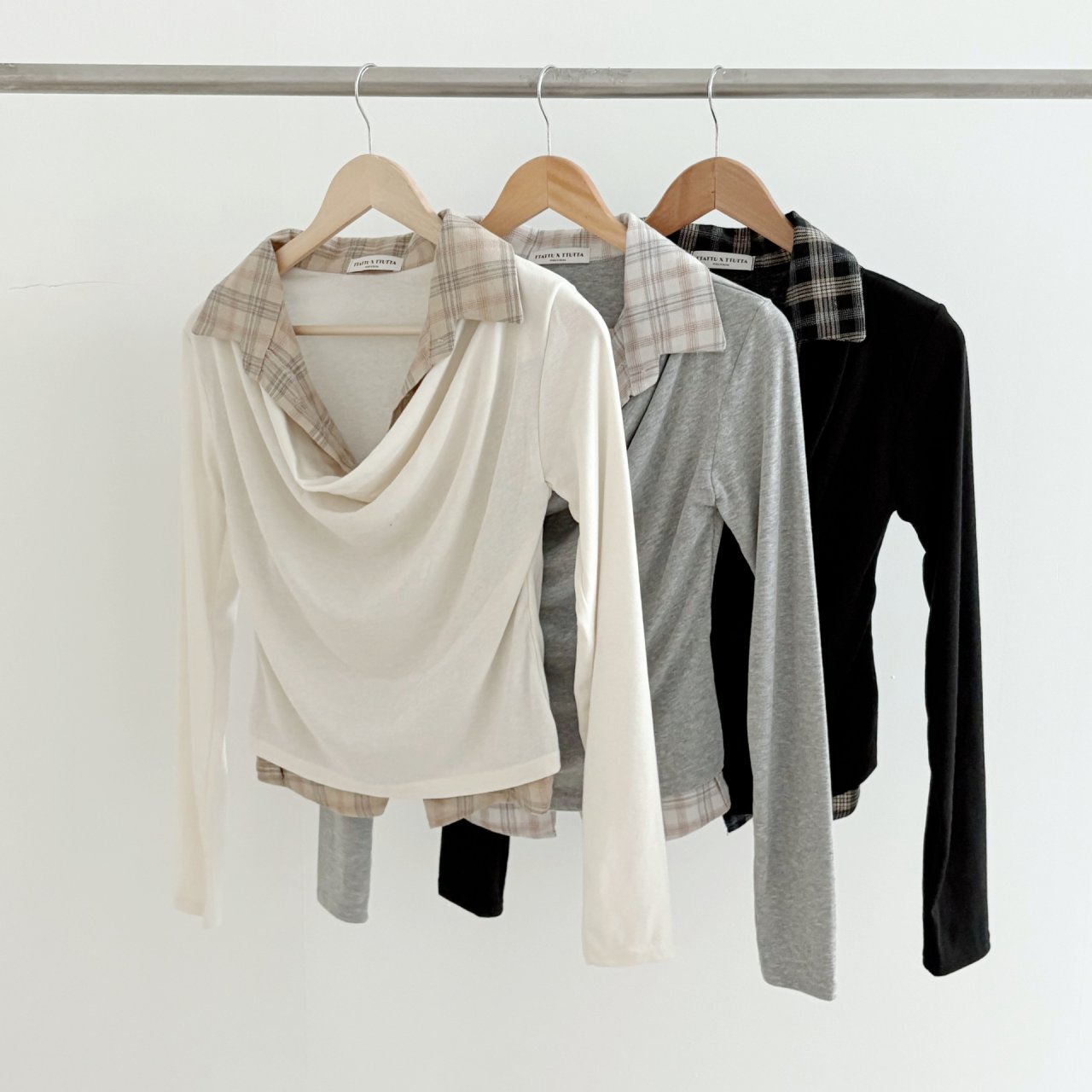 ドレープカラーレイヤード風長袖配色チェックTシャツ | 詳細画像17