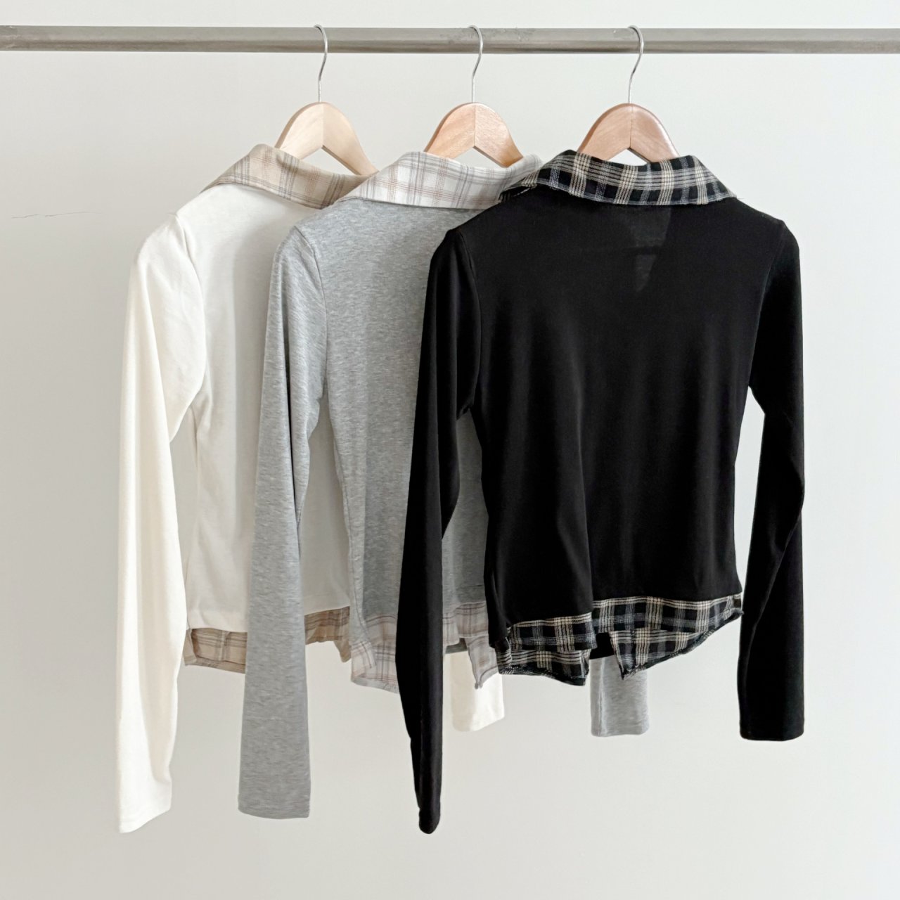 ドレープカラーレイヤード風長袖配色チェックTシャツ | 詳細画像18