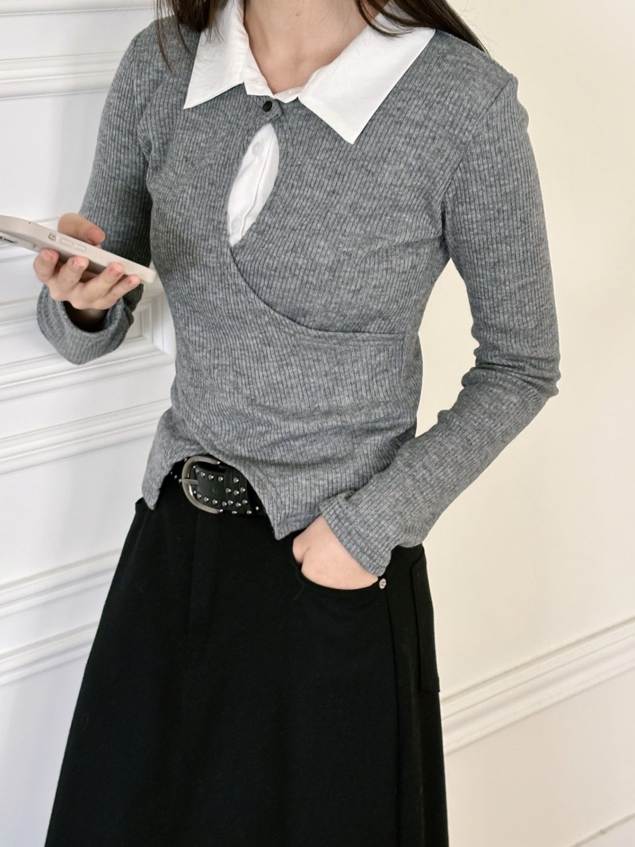 リブカラースリットレイヤード風カシュクールクロス配色ブラウス | 詳細画像3