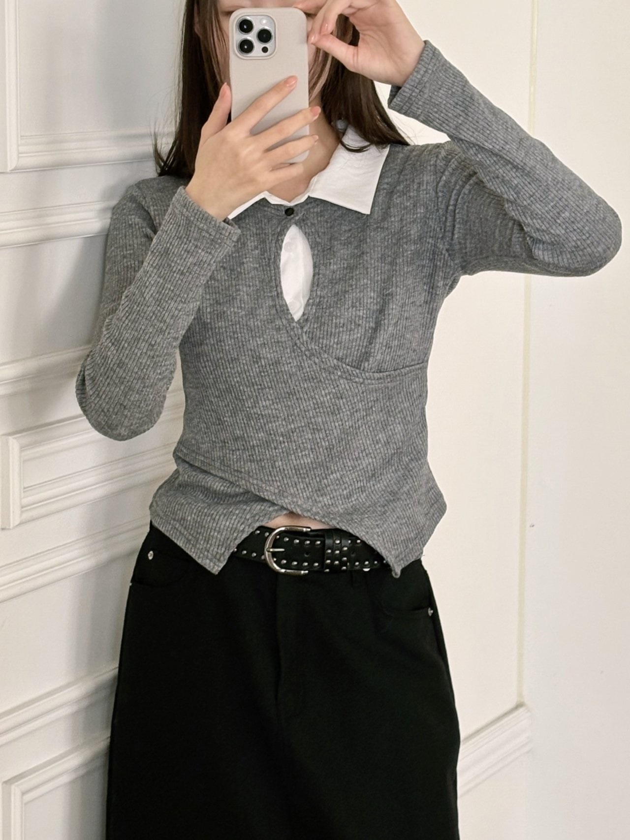 リブカラースリットレイヤード風カシュクールクロス配色ブラウス | 詳細画像4