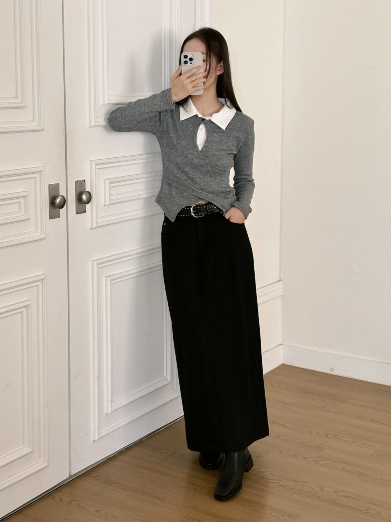 リブカラースリットレイヤード風カシュクールクロス配色ブラウス | 詳細画像5