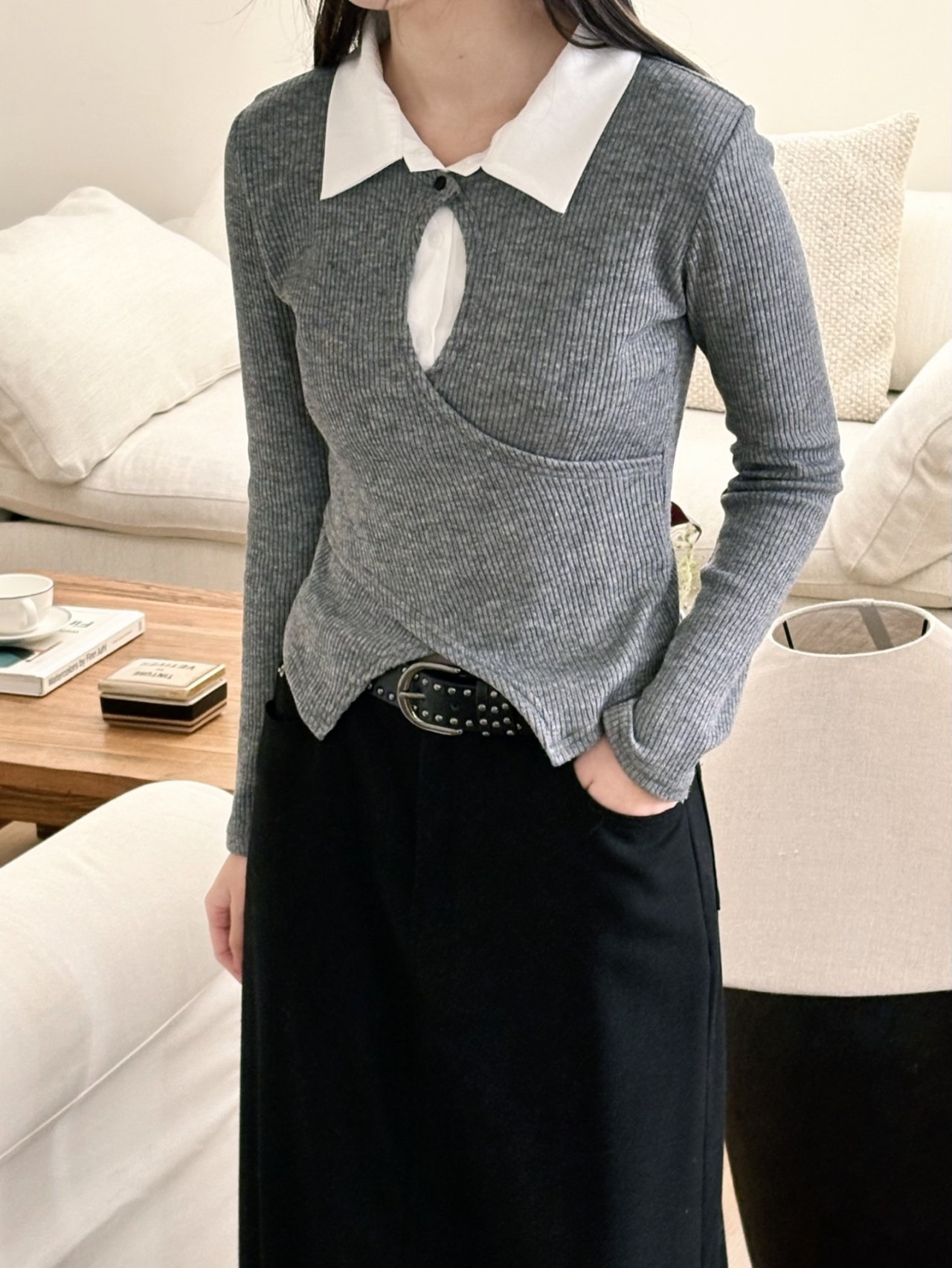 リブカラースリットレイヤード風カシュクールクロス配色ブラウス | 詳細画像6