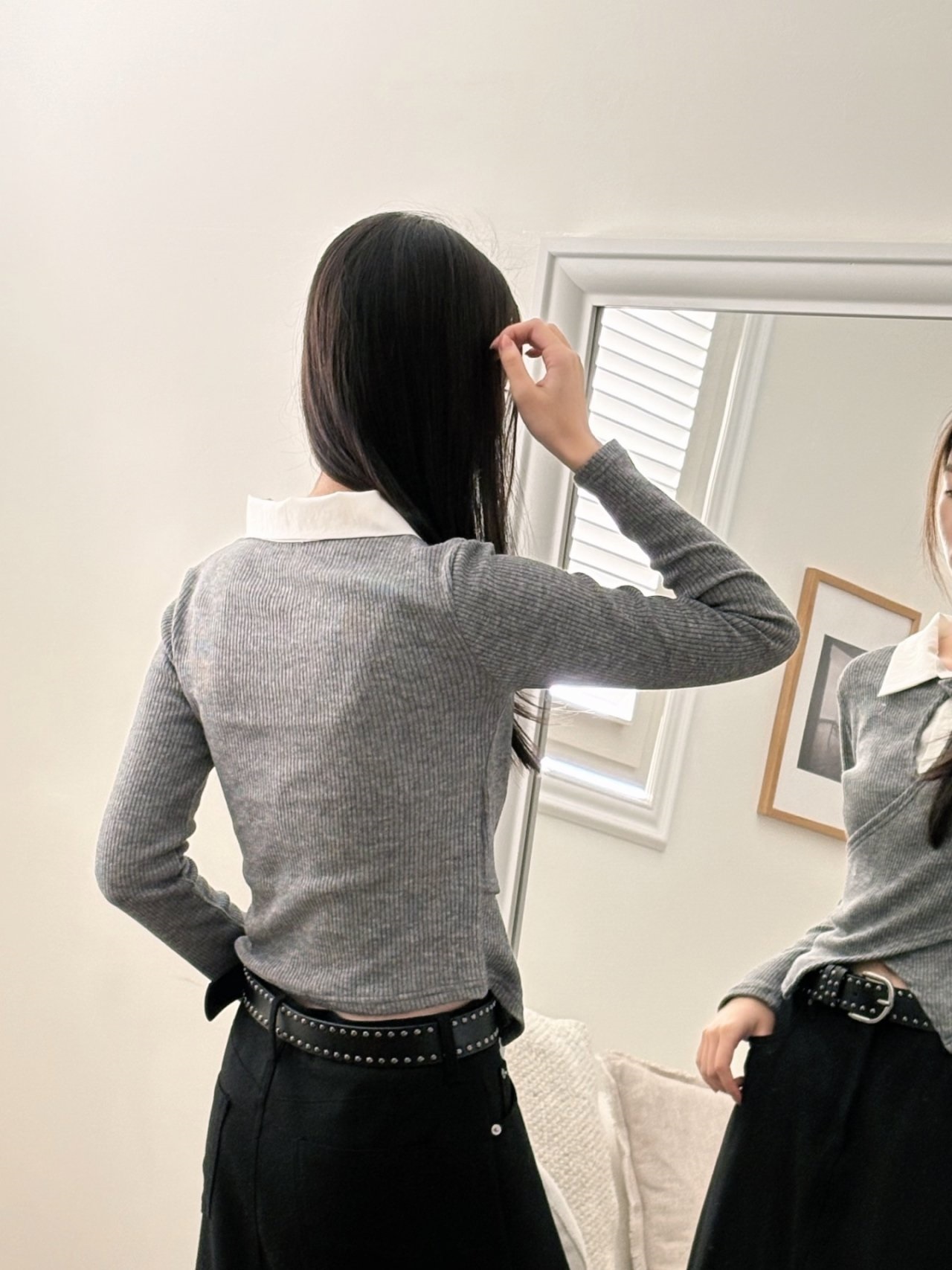 リブカラースリットレイヤード風カシュクールクロス配色ブラウス | 詳細画像7