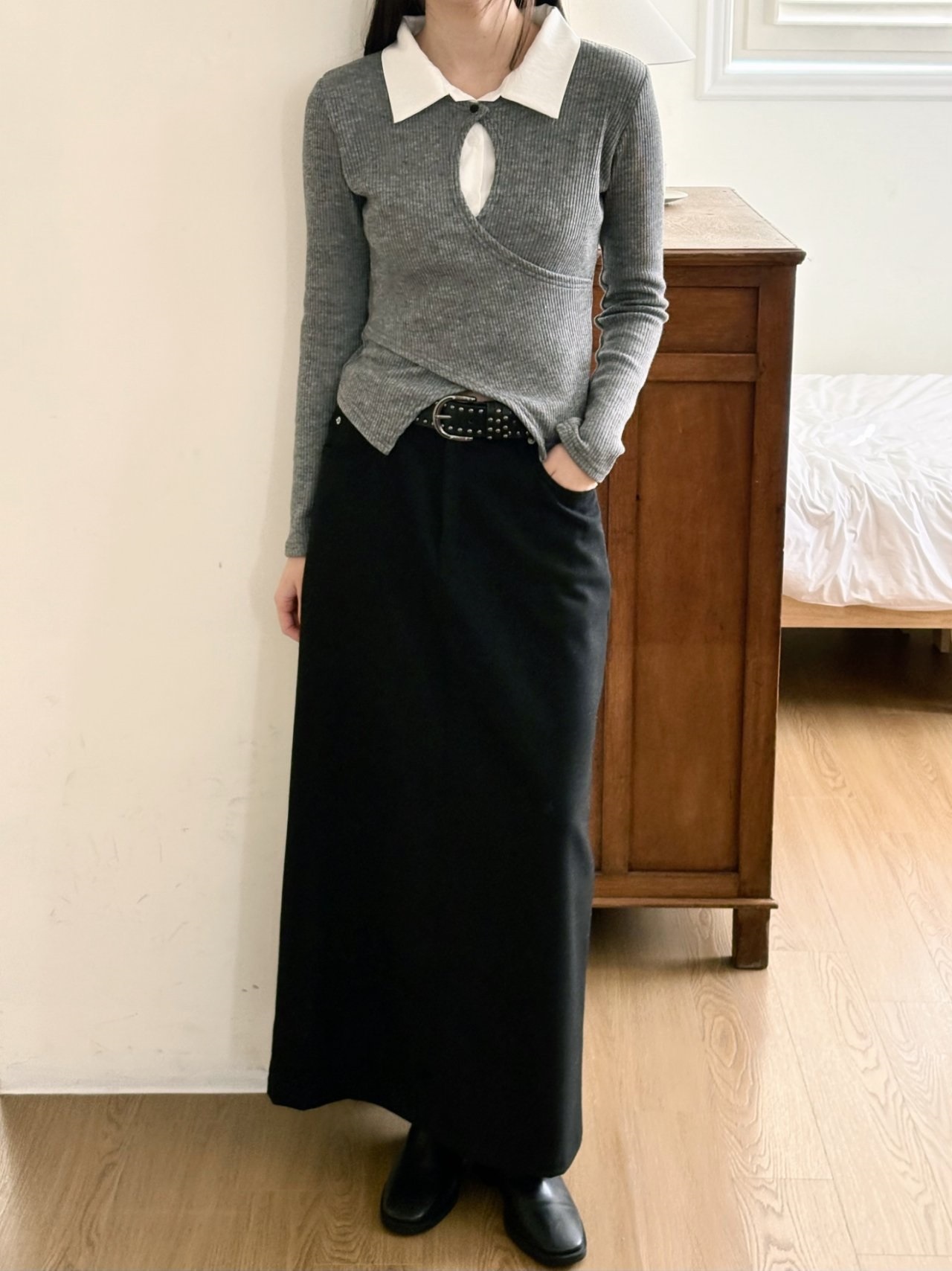 リブカラースリットレイヤード風カシュクールクロス配色ブラウス | 詳細画像8