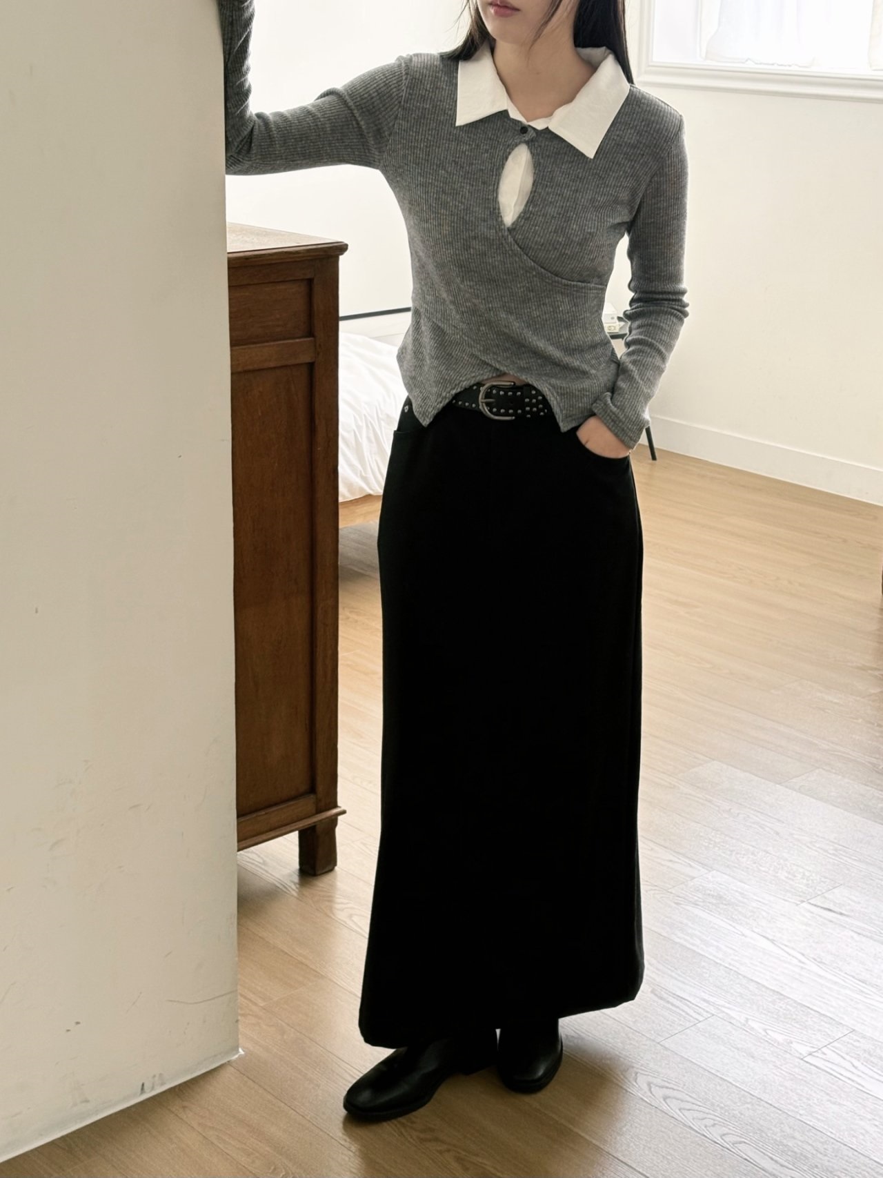 リブカラースリットレイヤード風カシュクールクロス配色ブラウス | 詳細画像9