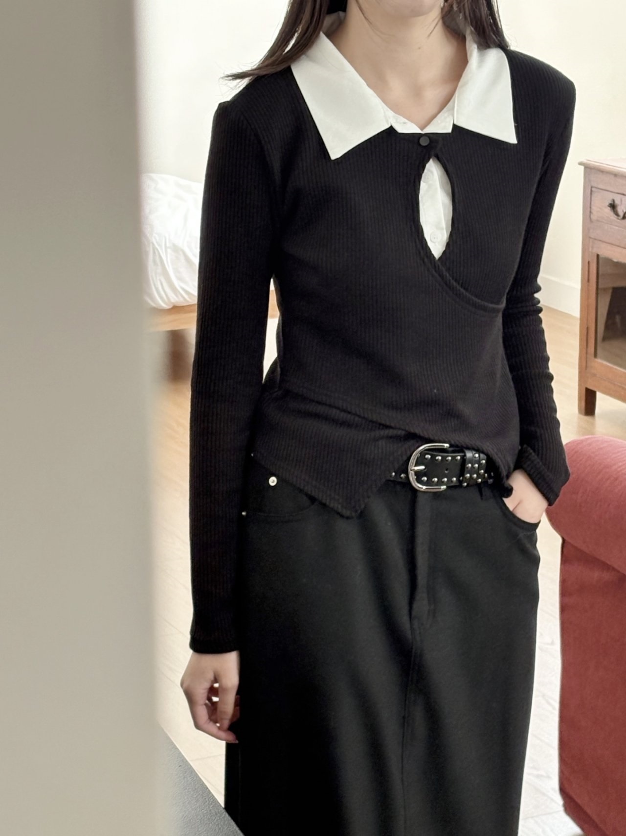 リブカラースリットレイヤード風カシュクールクロス配色ブラウス | 詳細画像10