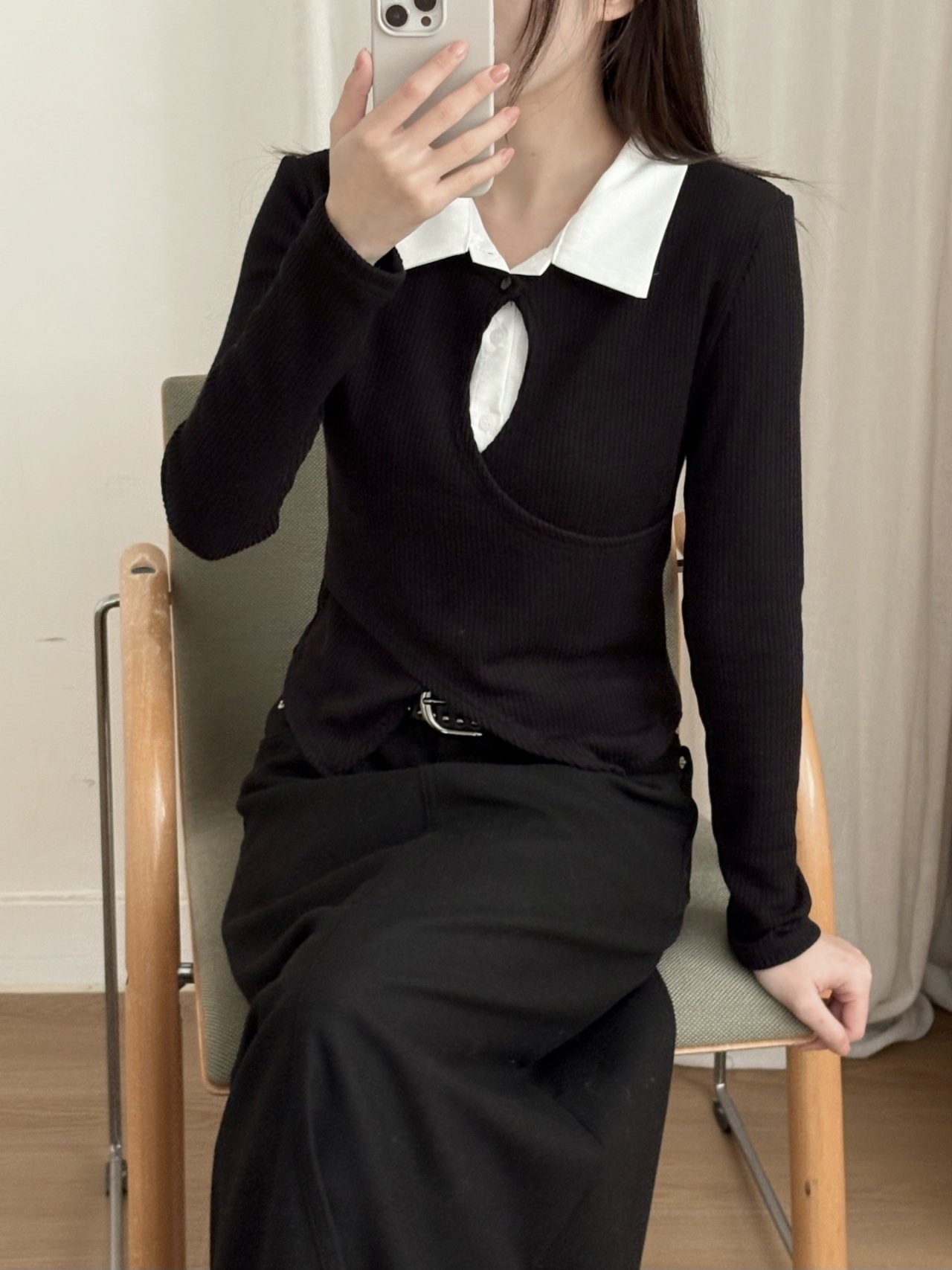 リブカラースリットレイヤード風カシュクールクロス配色ブラウス | 詳細画像12