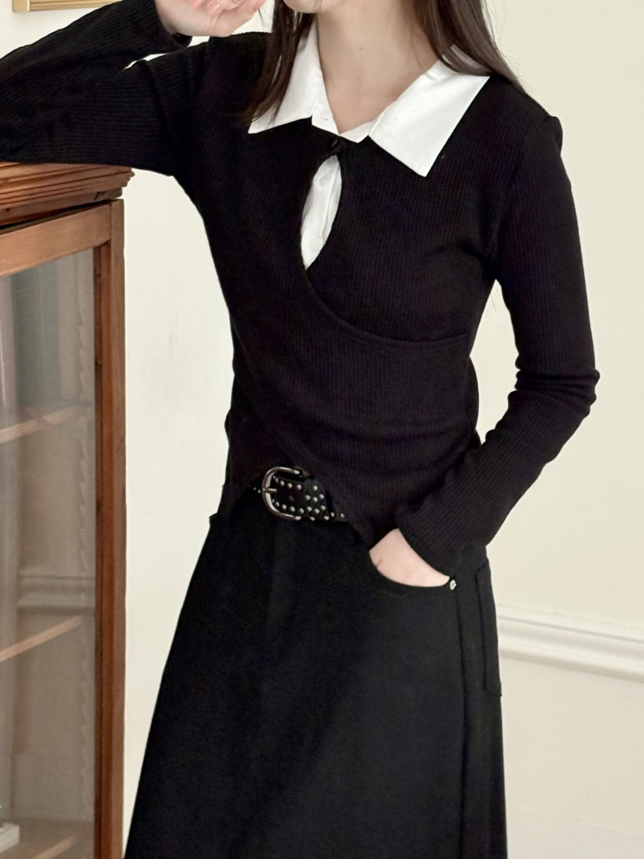 リブカラースリットレイヤード風カシュクールクロス配色ブラウス | 詳細画像14