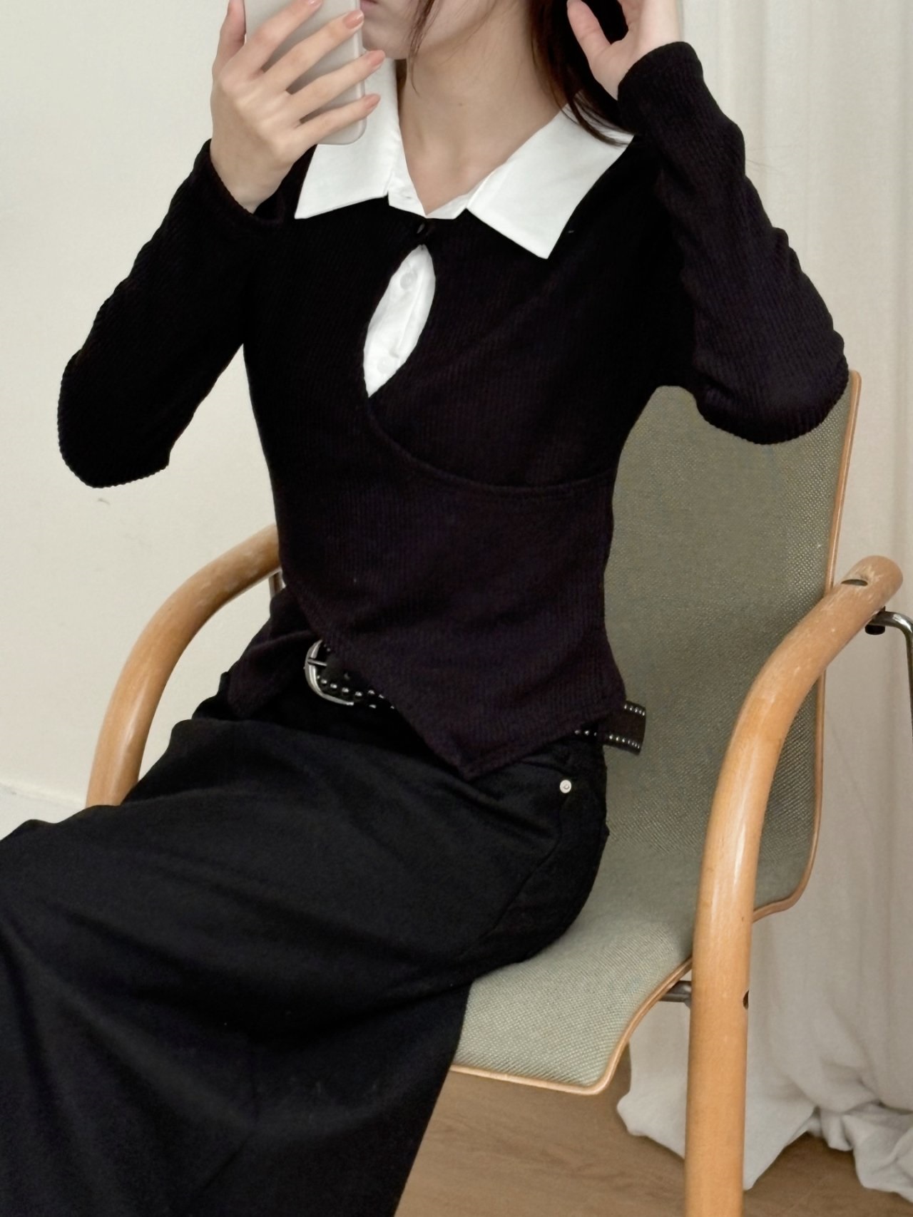 リブカラースリットレイヤード風カシュクールクロス配色ブラウス | 詳細画像15