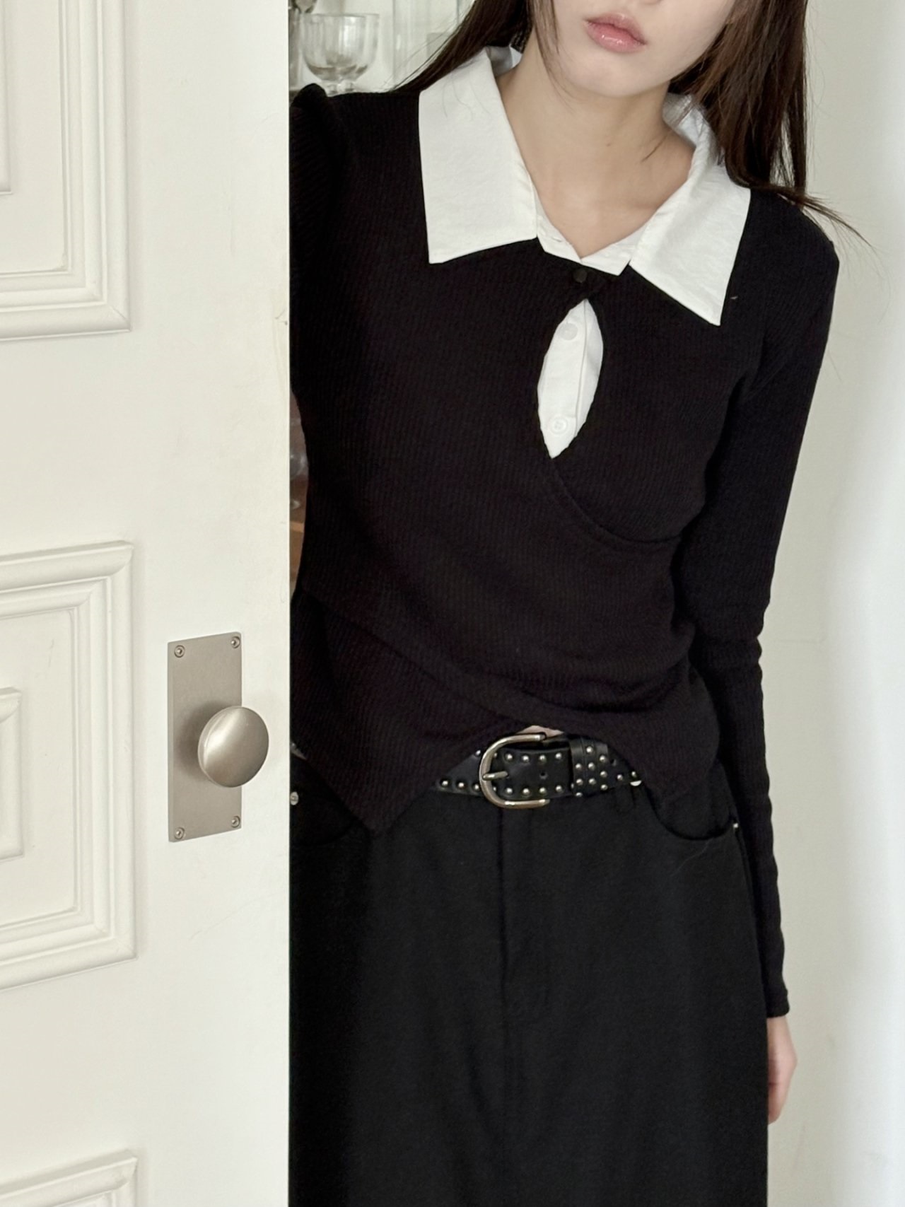 リブカラースリットレイヤード風カシュクールクロス配色ブラウス | 詳細画像16