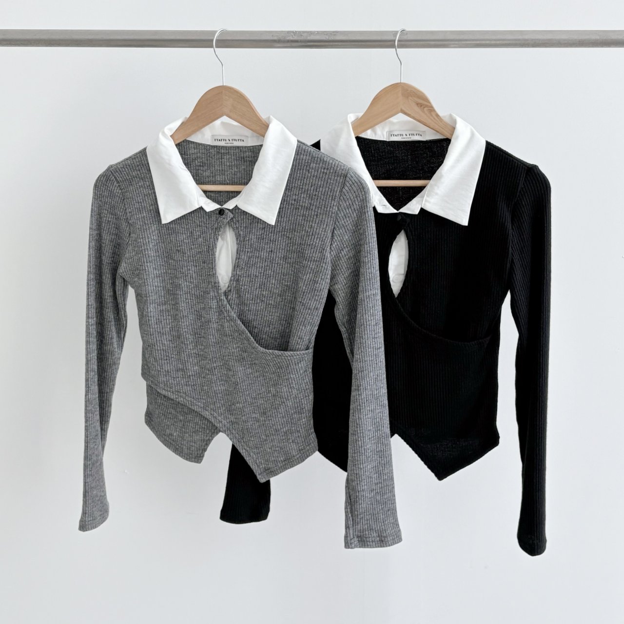 リブカラースリットレイヤード風カシュクールクロス配色ブラウス | 詳細画像17