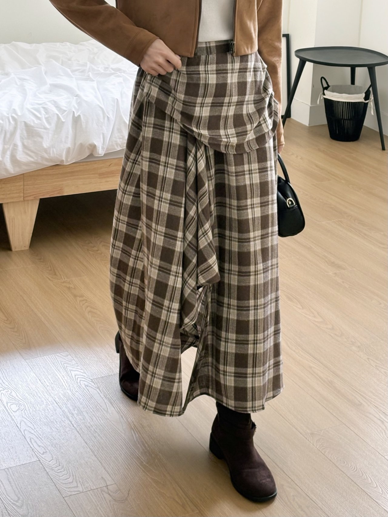 シャーリングバックゴムラップ調ロングアンバランスチェックスカートスカートパンツ | 詳細画像2