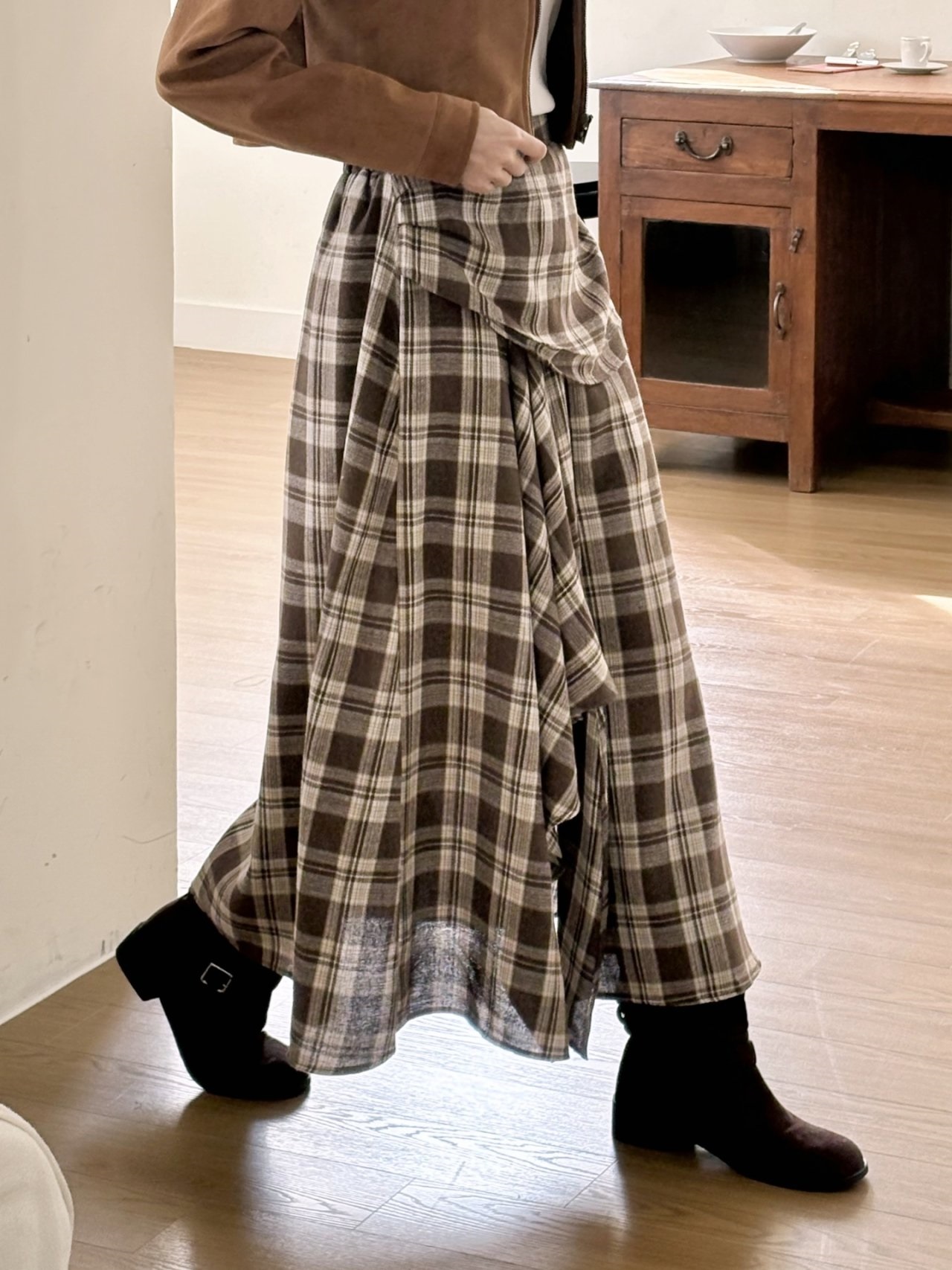 シャーリングバックゴムラップ調ロングアンバランスチェックスカートスカートパンツ | 詳細画像4