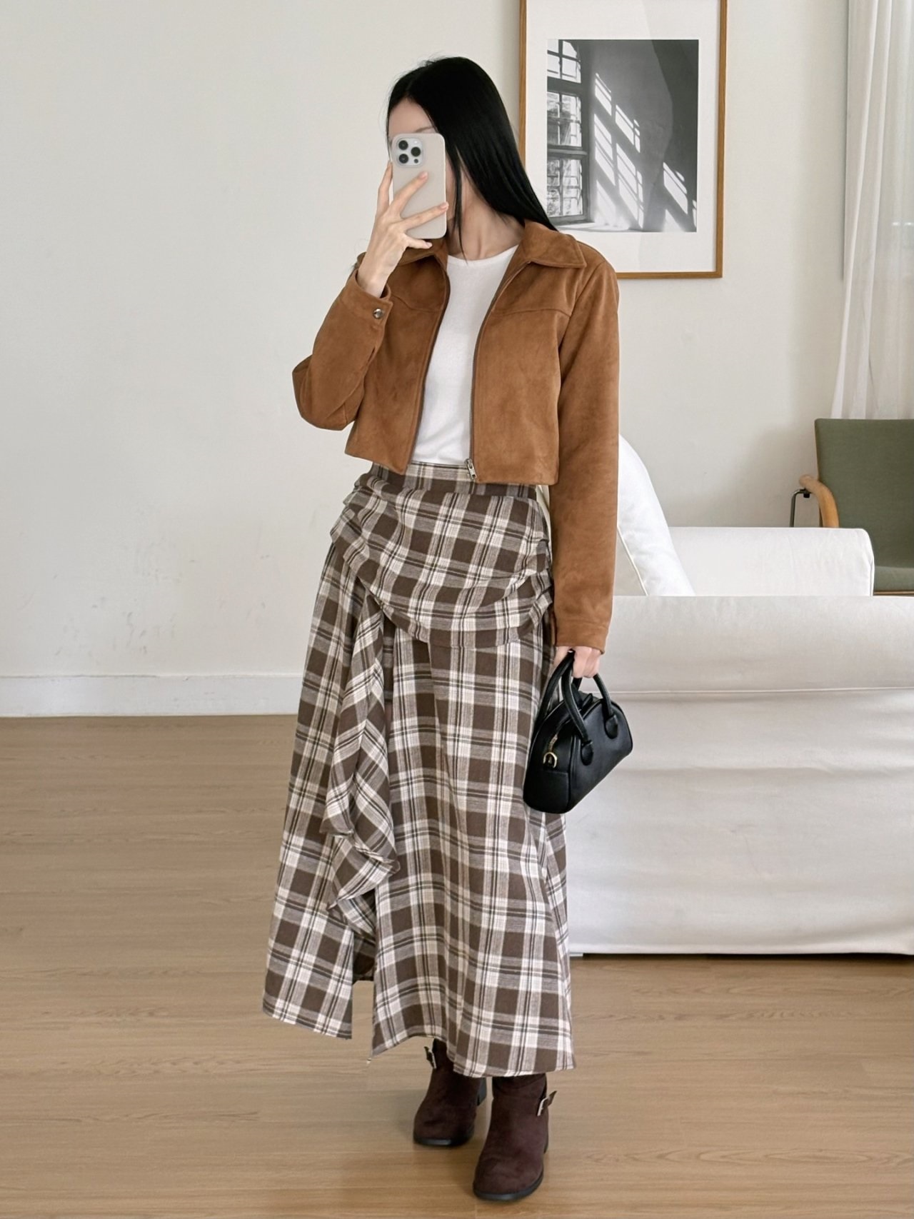 シャーリングバックゴムラップ調ロングアンバランスチェックスカートスカートパンツ | 詳細画像5