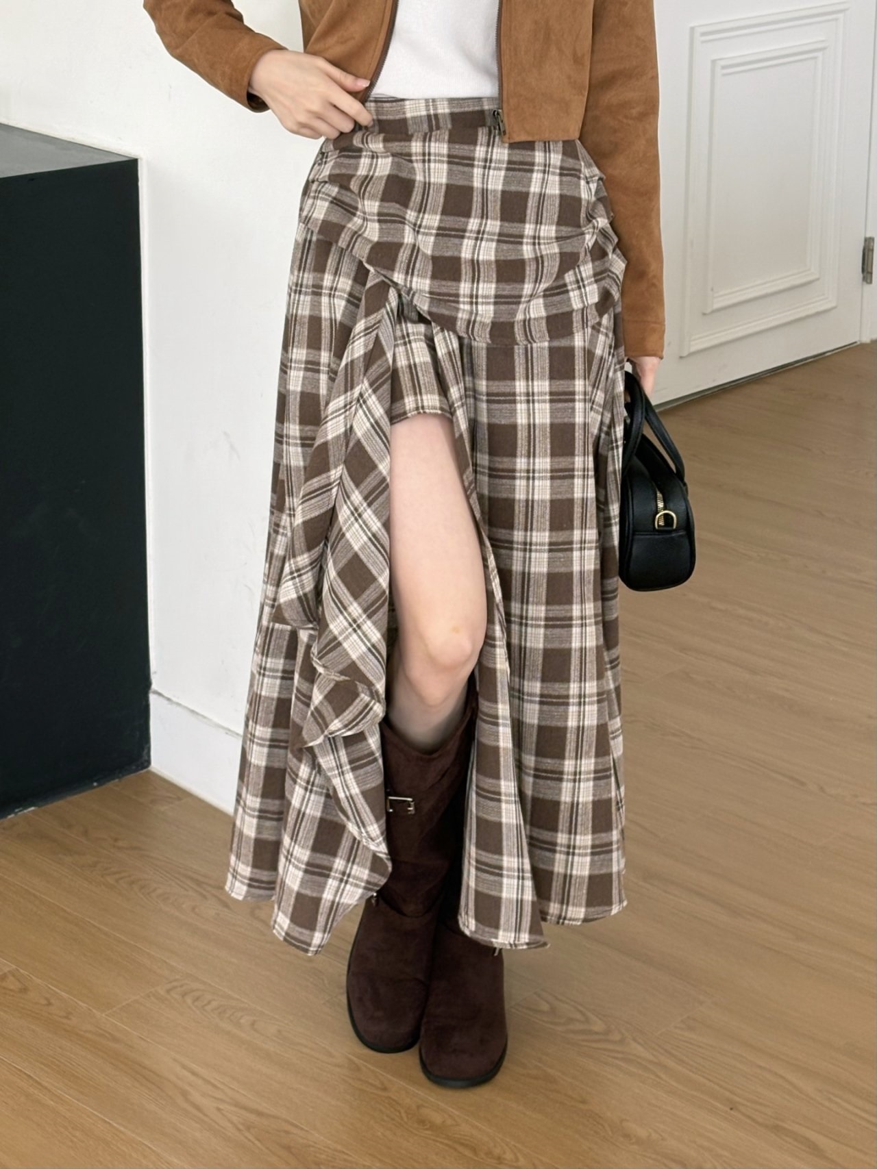 シャーリングバックゴムラップ調ロングアンバランスチェックスカートスカートパンツ | 詳細画像6