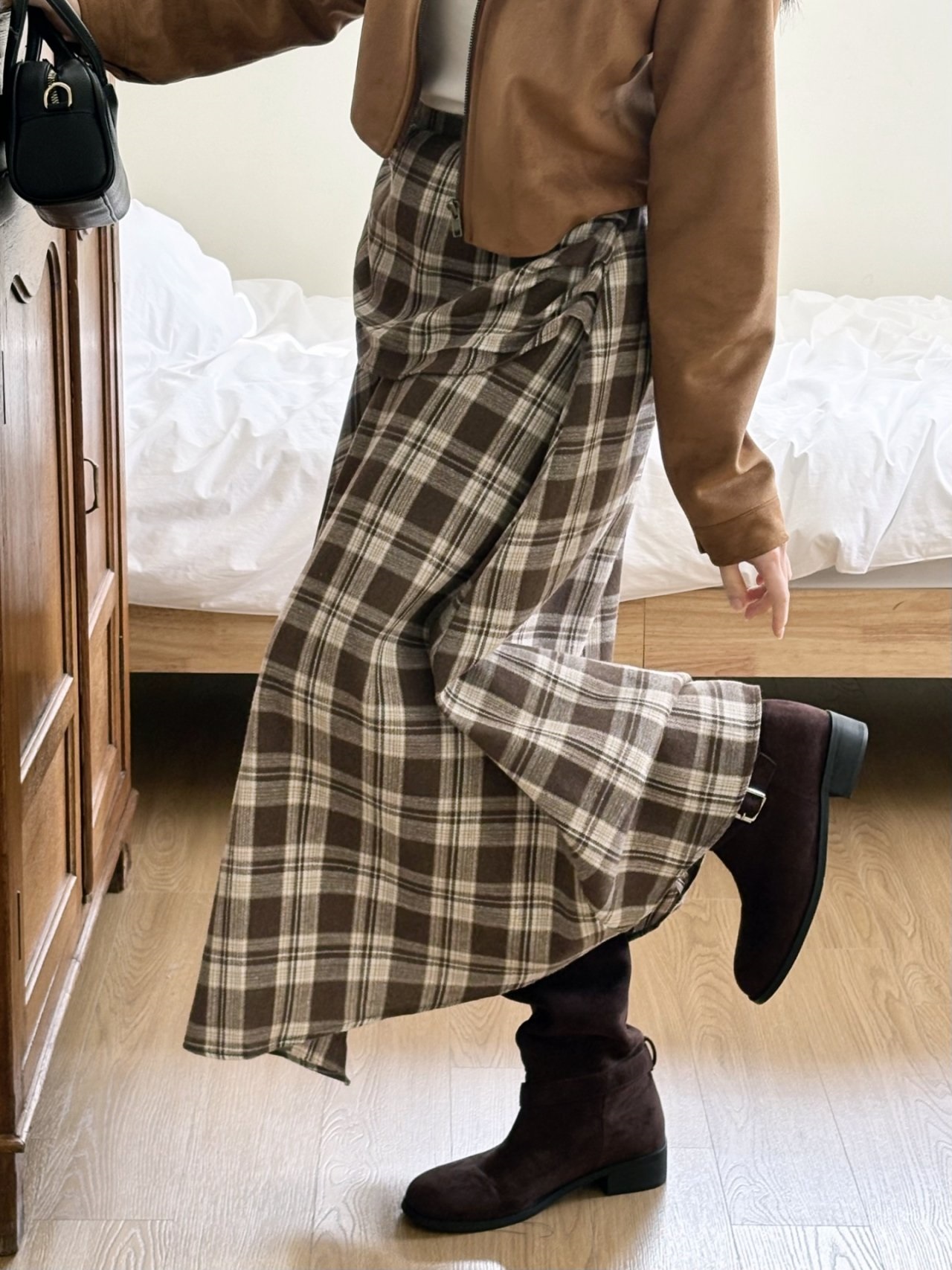 シャーリングバックゴムラップ調ロングアンバランスチェックスカートスカートパンツ | 詳細画像7