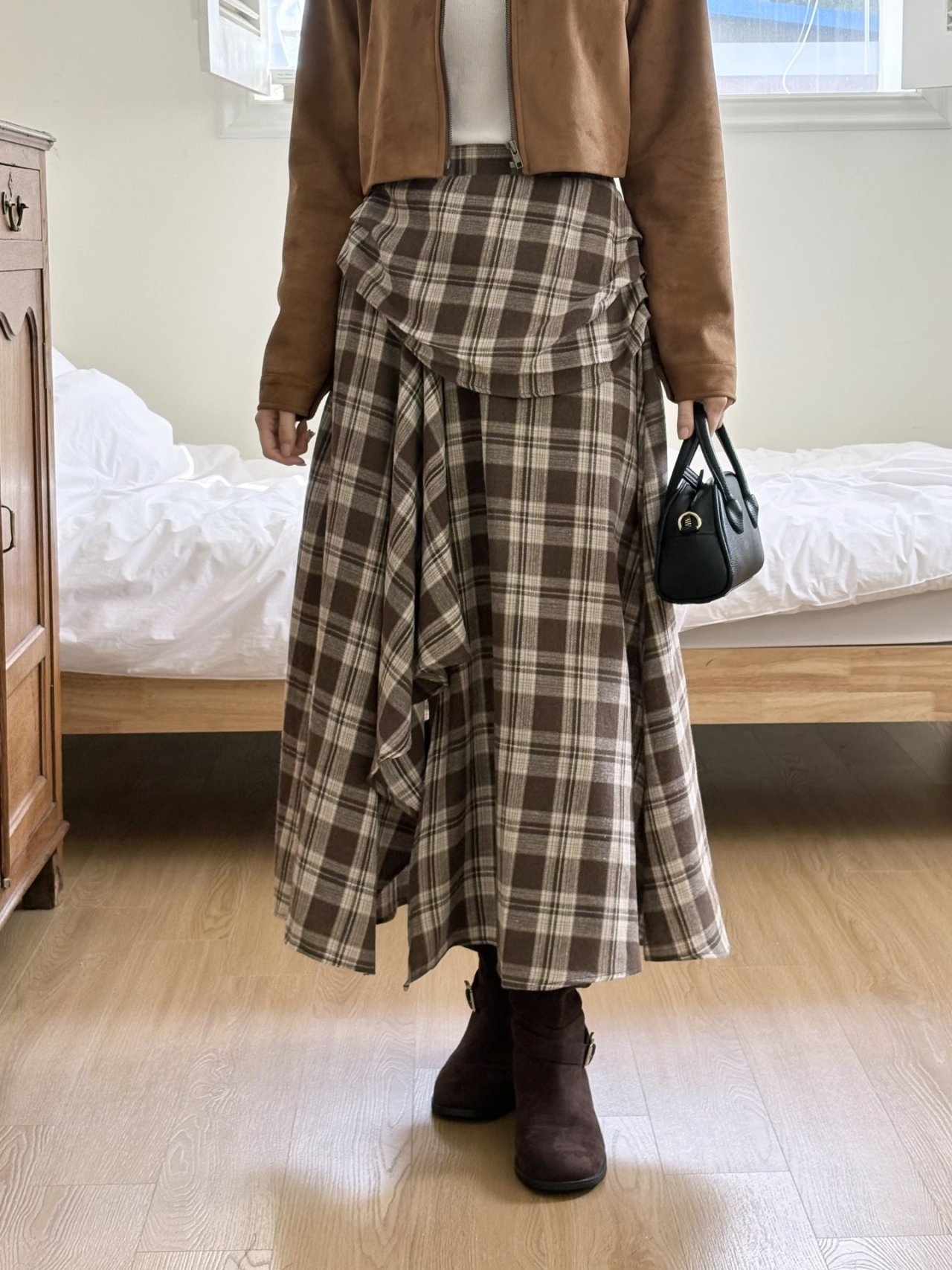 シャーリングバックゴムラップ調ロングアンバランスチェックスカートスカートパンツ | 詳細画像8