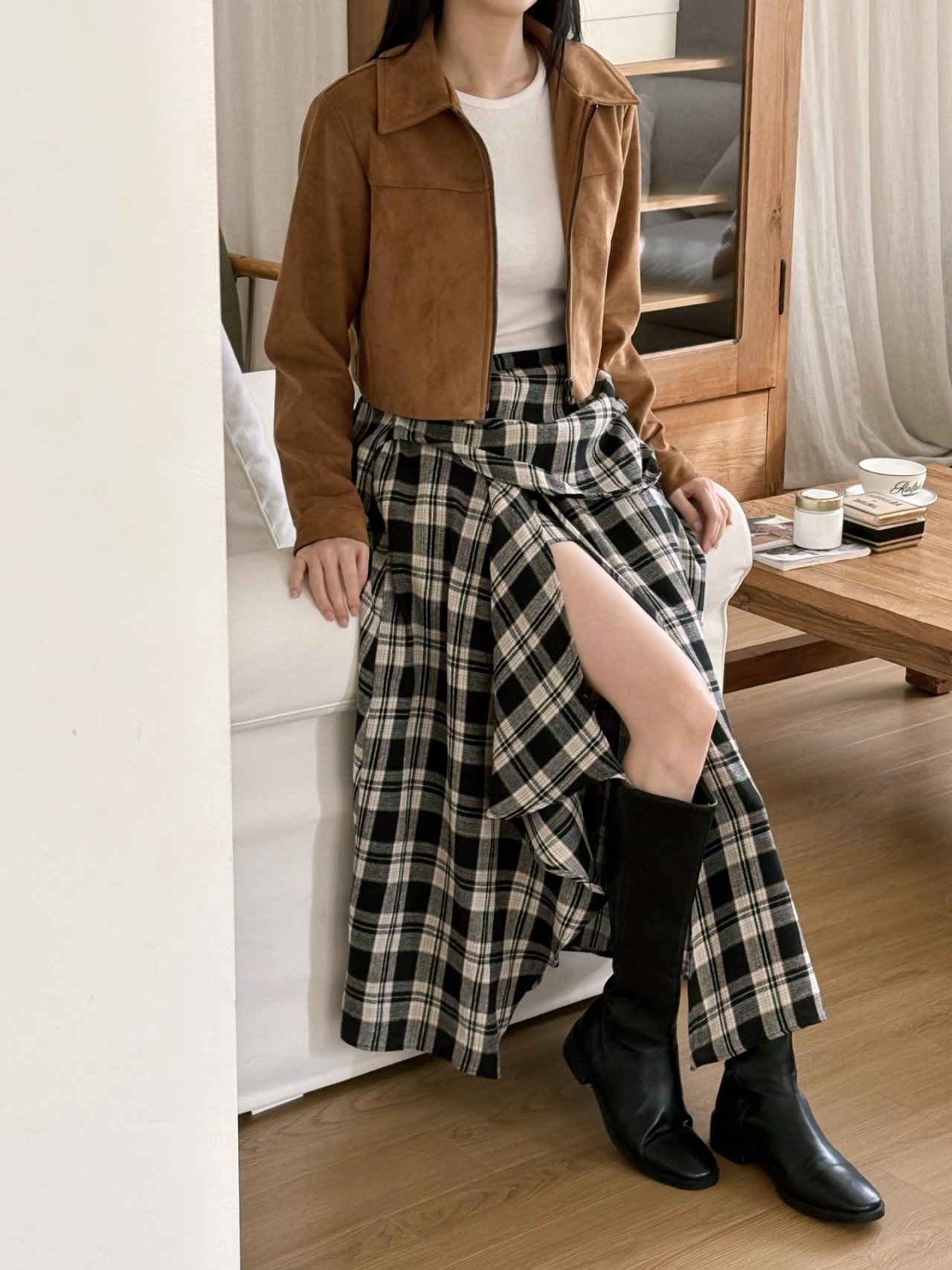 シャーリングバックゴムラップ調ロングアンバランスチェックスカートスカートパンツ | 詳細画像9