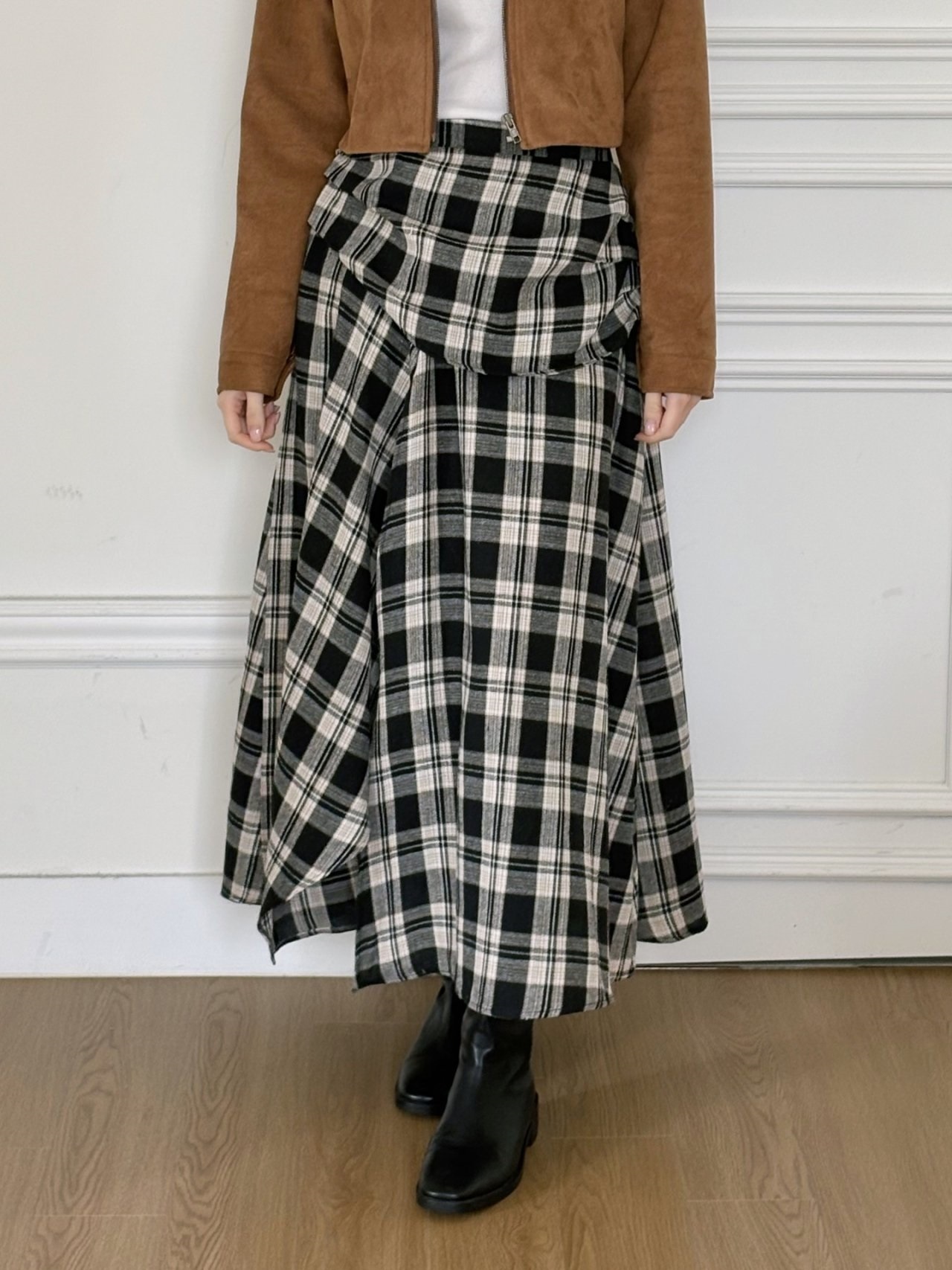 シャーリングバックゴムラップ調ロングアンバランスチェックスカートスカートパンツ | 詳細画像10