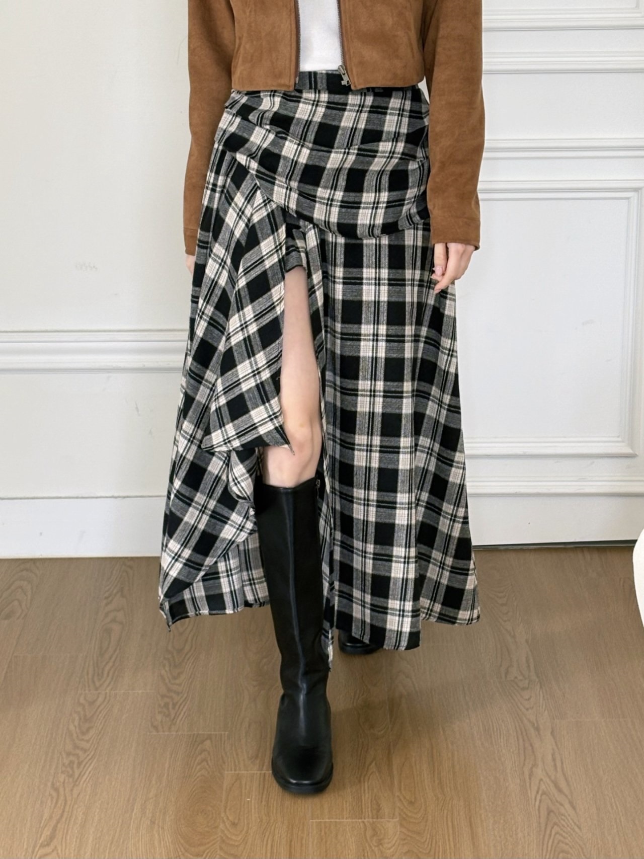 シャーリングバックゴムラップ調ロングアンバランスチェックスカートスカートパンツ | 詳細画像11