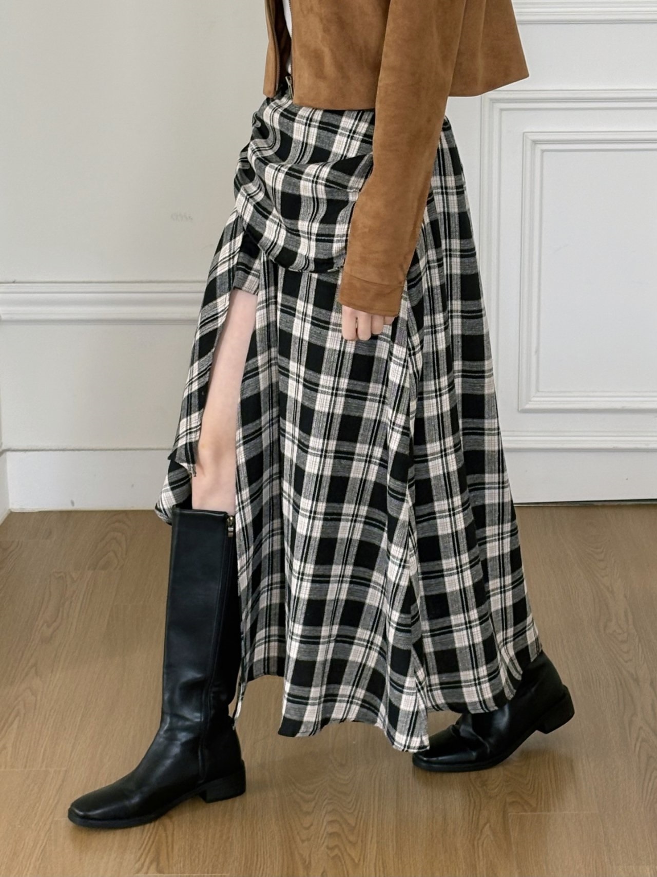 シャーリングバックゴムラップ調ロングアンバランスチェックスカートスカートパンツ | 詳細画像12
