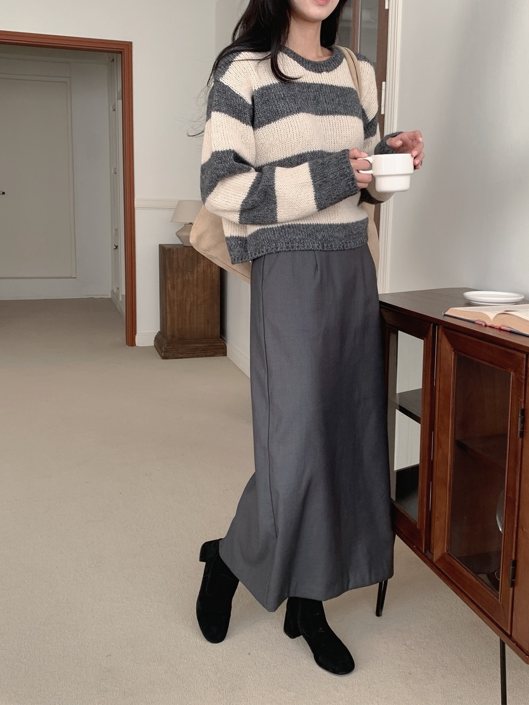 ウール混アルパカ混紡ラウンドネックルーズ長袖ボーダーニット | 詳細画像6