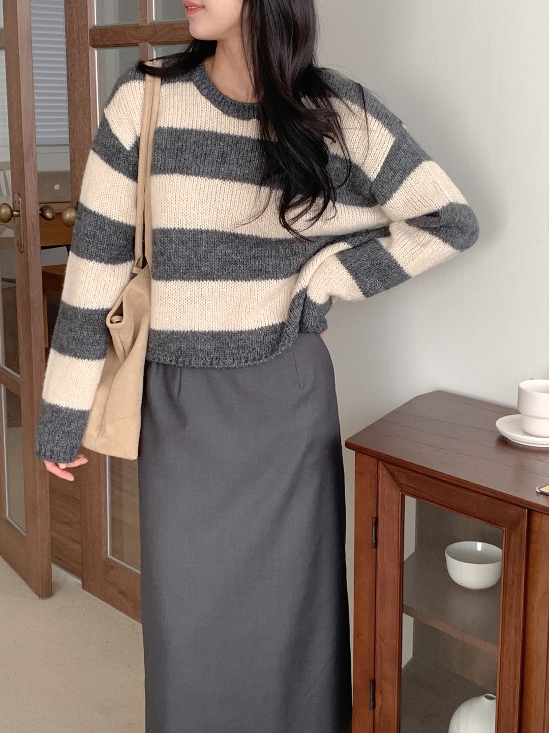 ウール混アルパカ混紡ラウンドネックルーズ長袖ボーダーニット | 詳細画像7