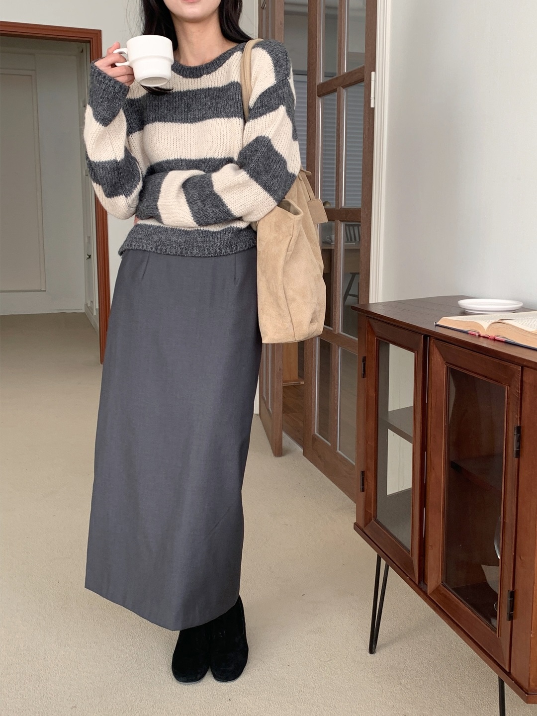 ウール混アルパカ混紡ラウンドネックルーズ長袖ボーダーニット | 詳細画像9