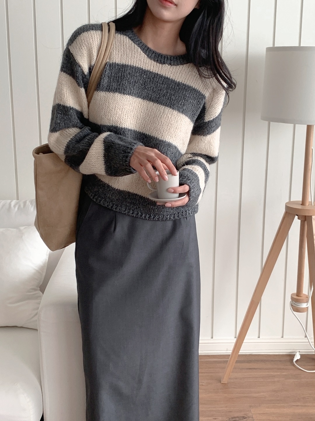 ウール混アルパカ混紡ラウンドネックルーズ長袖ボーダーニット | 詳細画像11