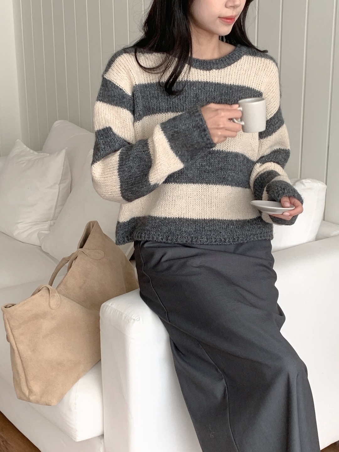 ウール混アルパカ混紡ラウンドネックルーズ長袖ボーダーニット | 詳細画像12