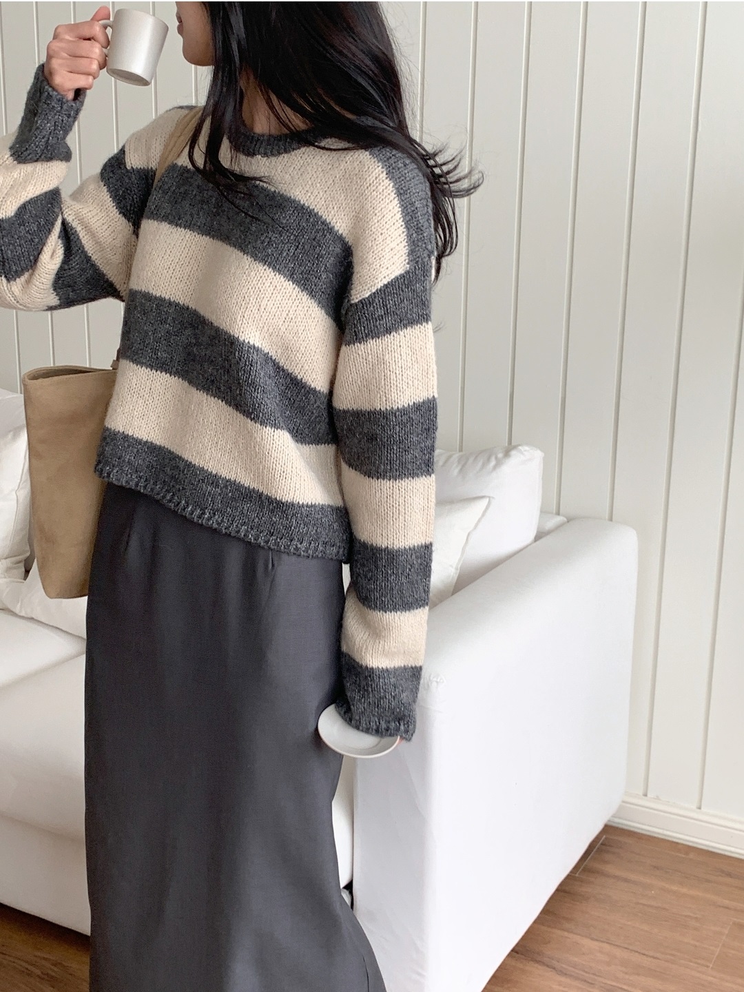 ウール混アルパカ混紡ラウンドネックルーズ長袖ボーダーニット | 詳細画像13