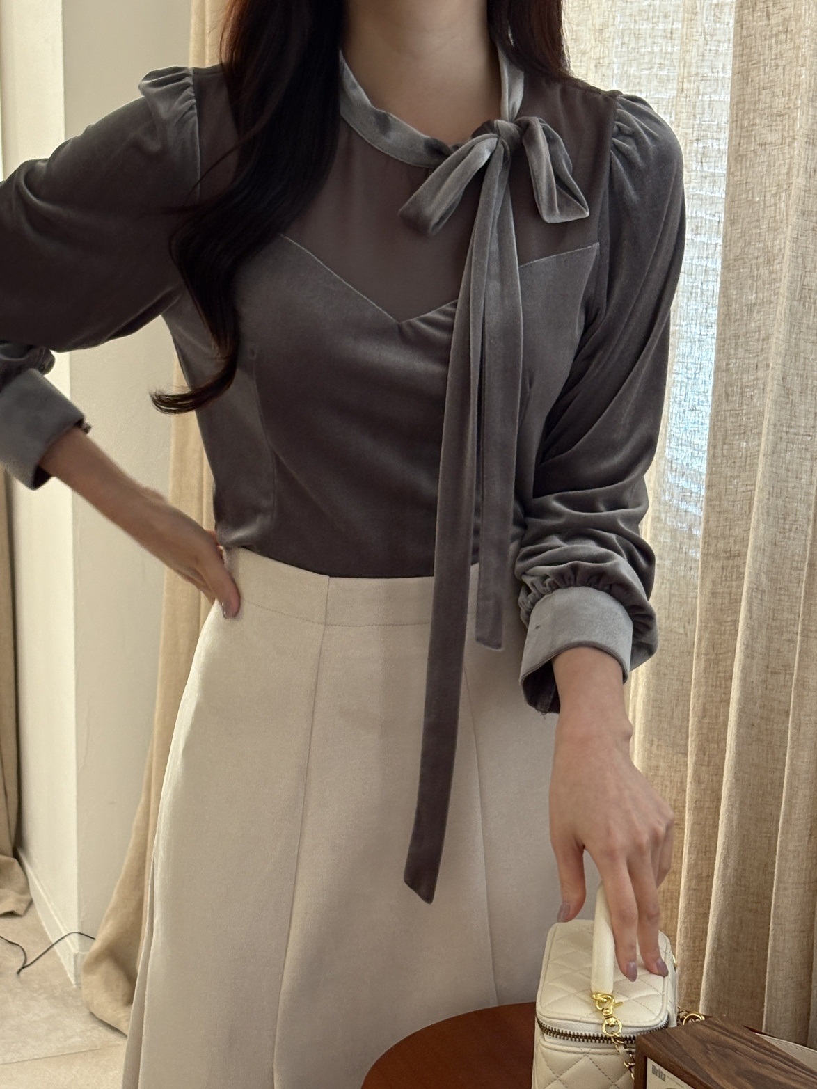 ベルベットシースルーコンビボウタイスリム長袖ギャザーブラウス | 詳細画像3