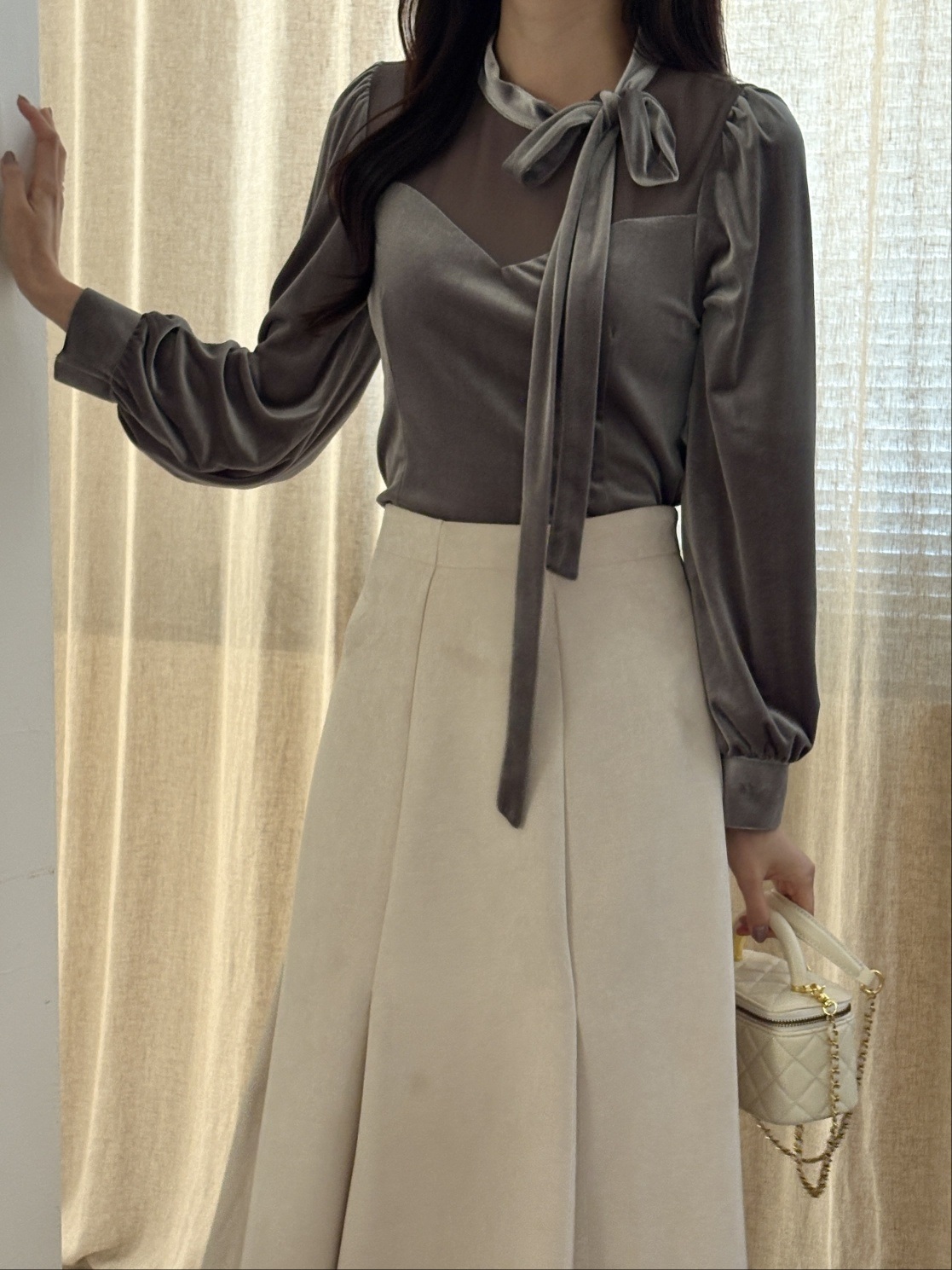 ベルベットシースルーコンビボウタイスリム長袖ギャザーブラウス | 詳細画像6