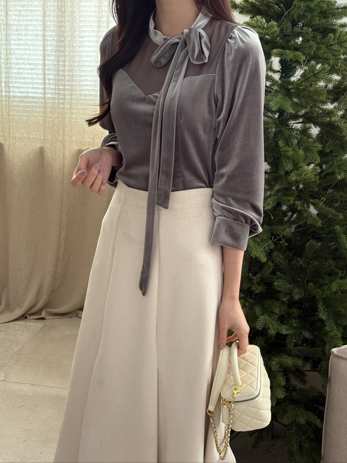 ベルベットシースルーコンビボウタイスリム長袖ギャザーブラウス | 詳細画像7