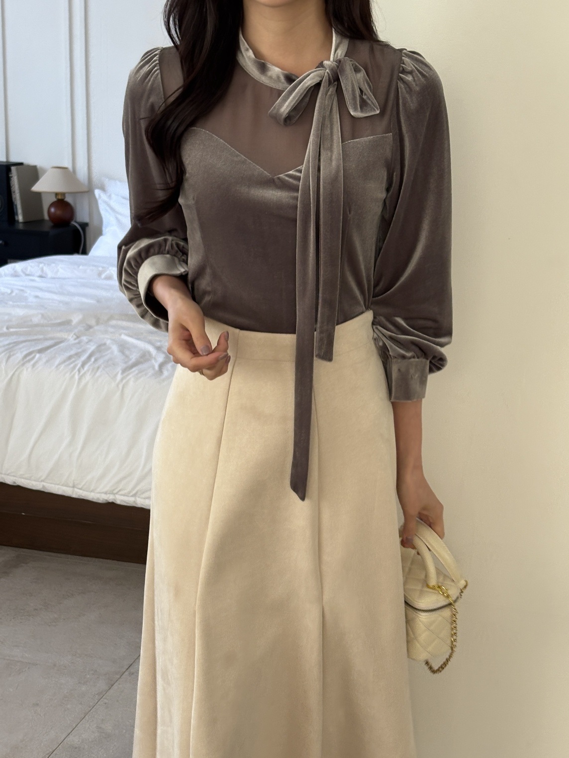 ベルベットシースルーコンビボウタイスリム長袖ギャザーブラウス | 詳細画像10