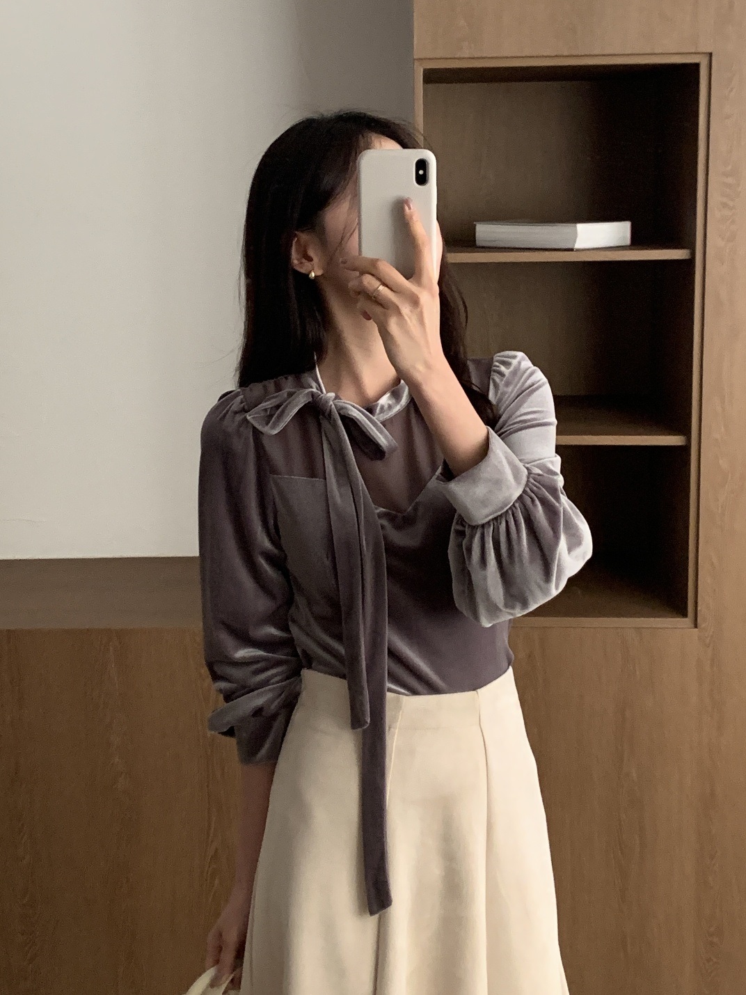 ベルベットシースルーコンビボウタイスリム長袖ギャザーブラウス | 詳細画像15