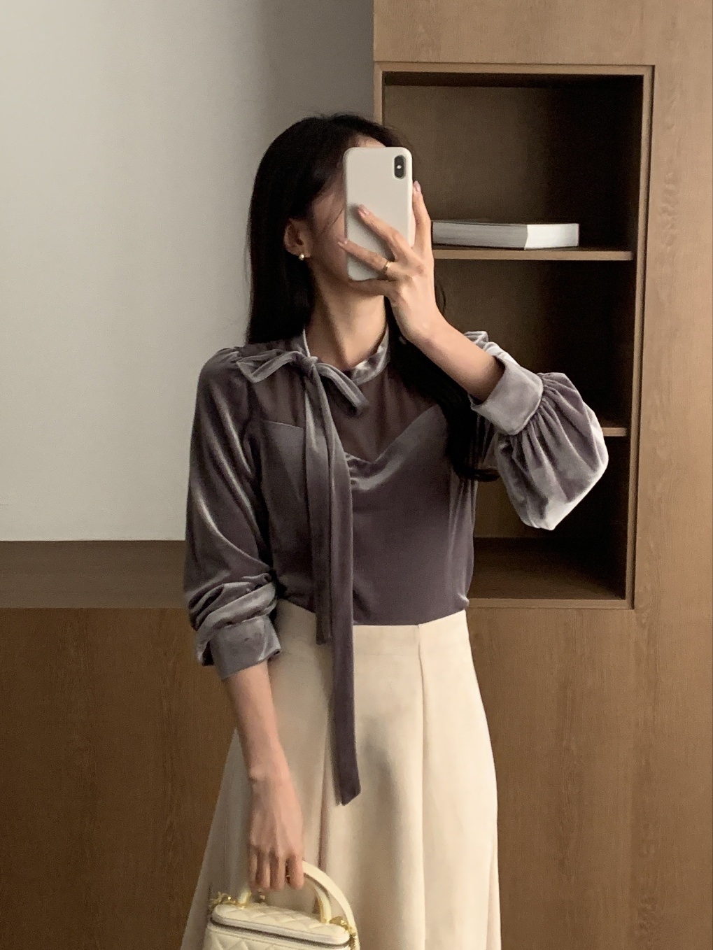 ベルベットシースルーコンビボウタイスリム長袖ギャザーブラウス | 詳細画像16