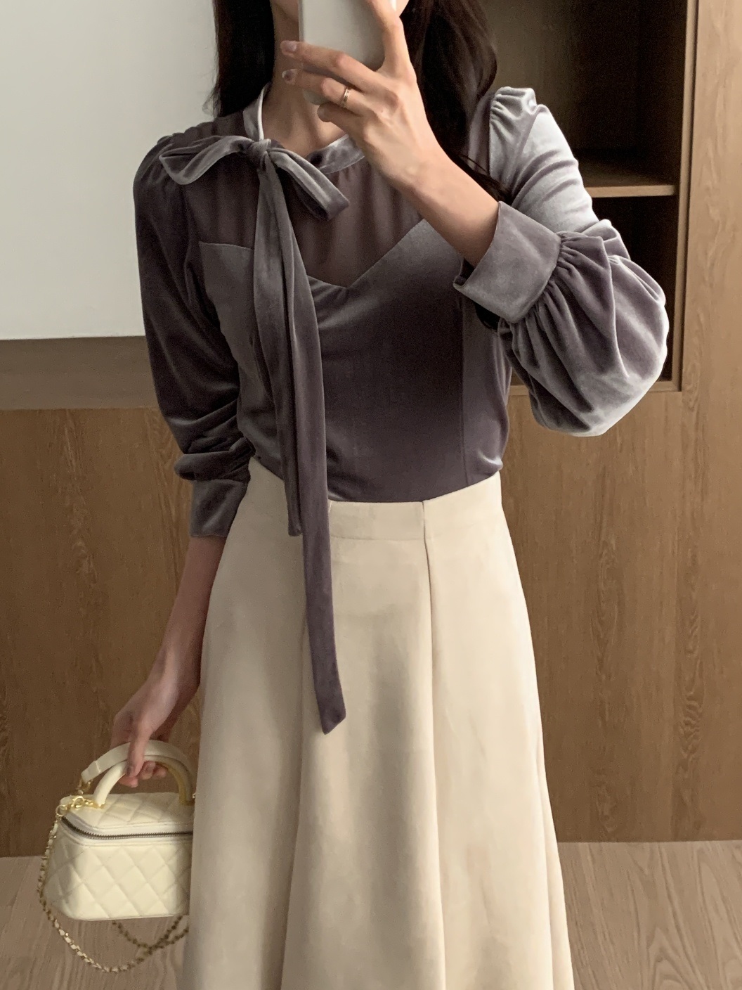 ベルベットシースルーコンビボウタイスリム長袖ギャザーブラウス | 詳細画像17