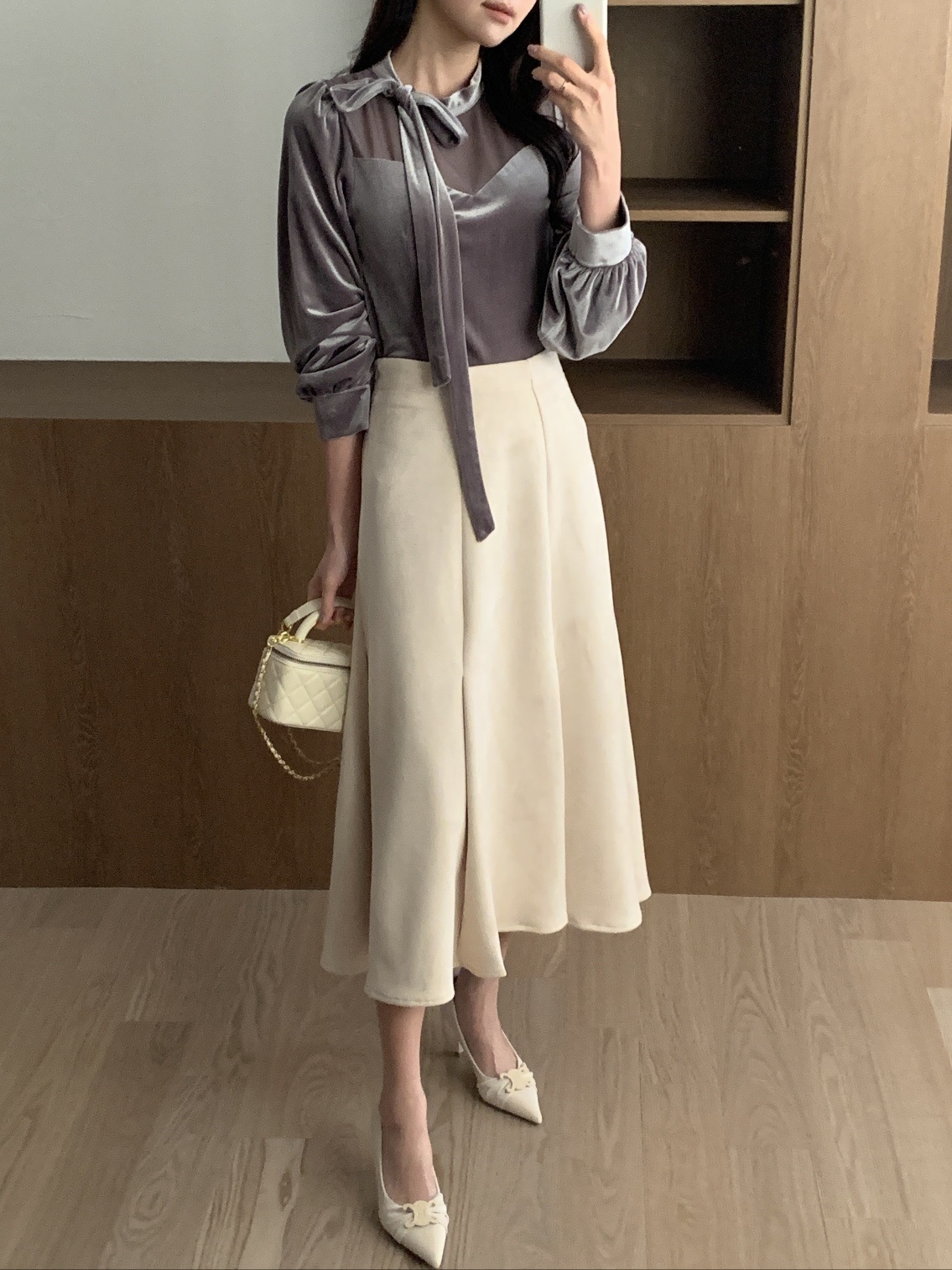 ベルベットシースルーコンビボウタイスリム長袖ギャザーブラウス | 詳細画像18