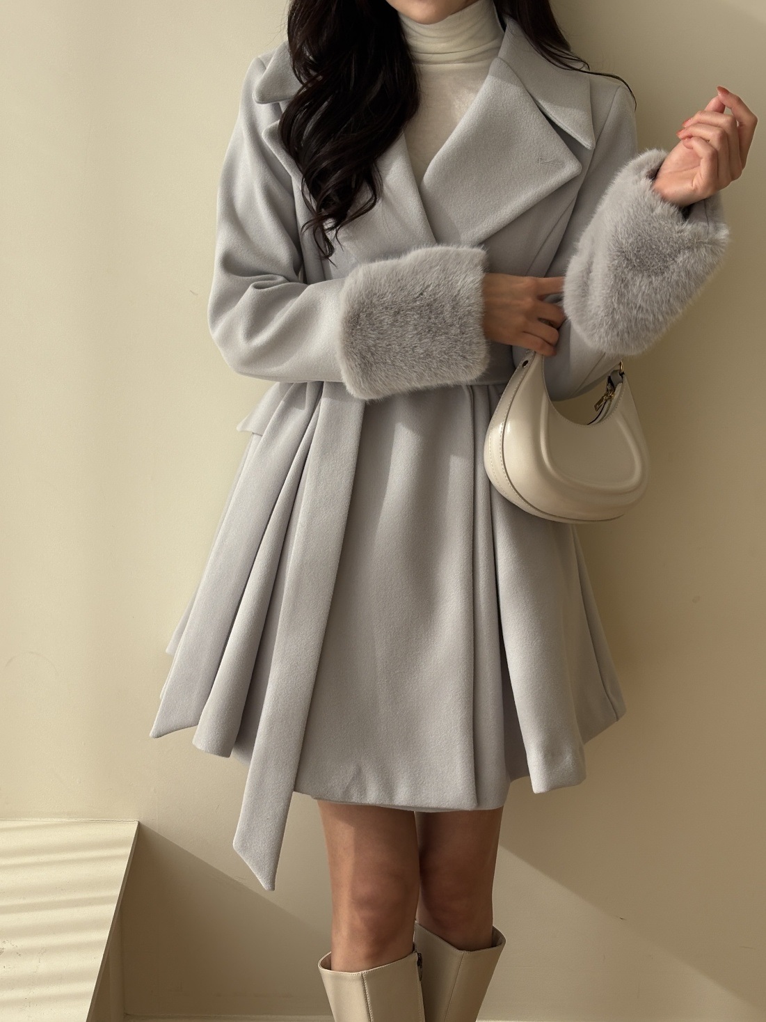 コンビエコファーボタンカラースリム長袖フレアミニコートベルト付 | 詳細画像2