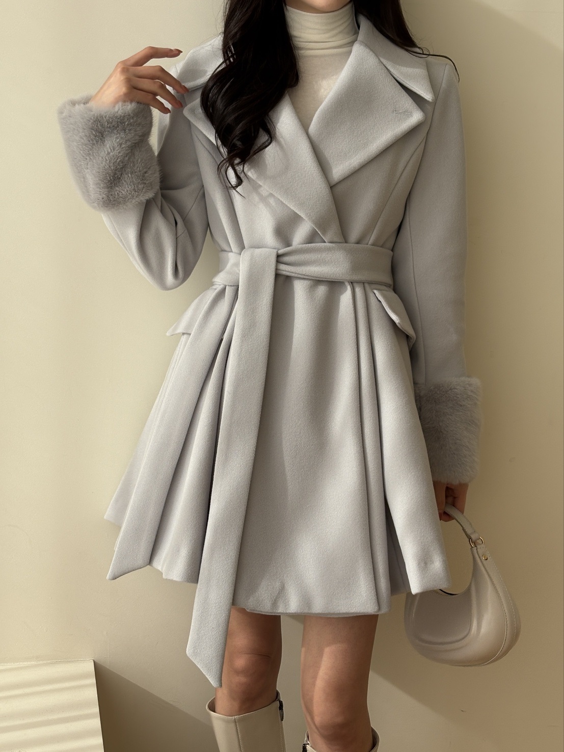 コンビエコファーボタンカラースリム長袖フレアミニコートベルト付 | 詳細画像8